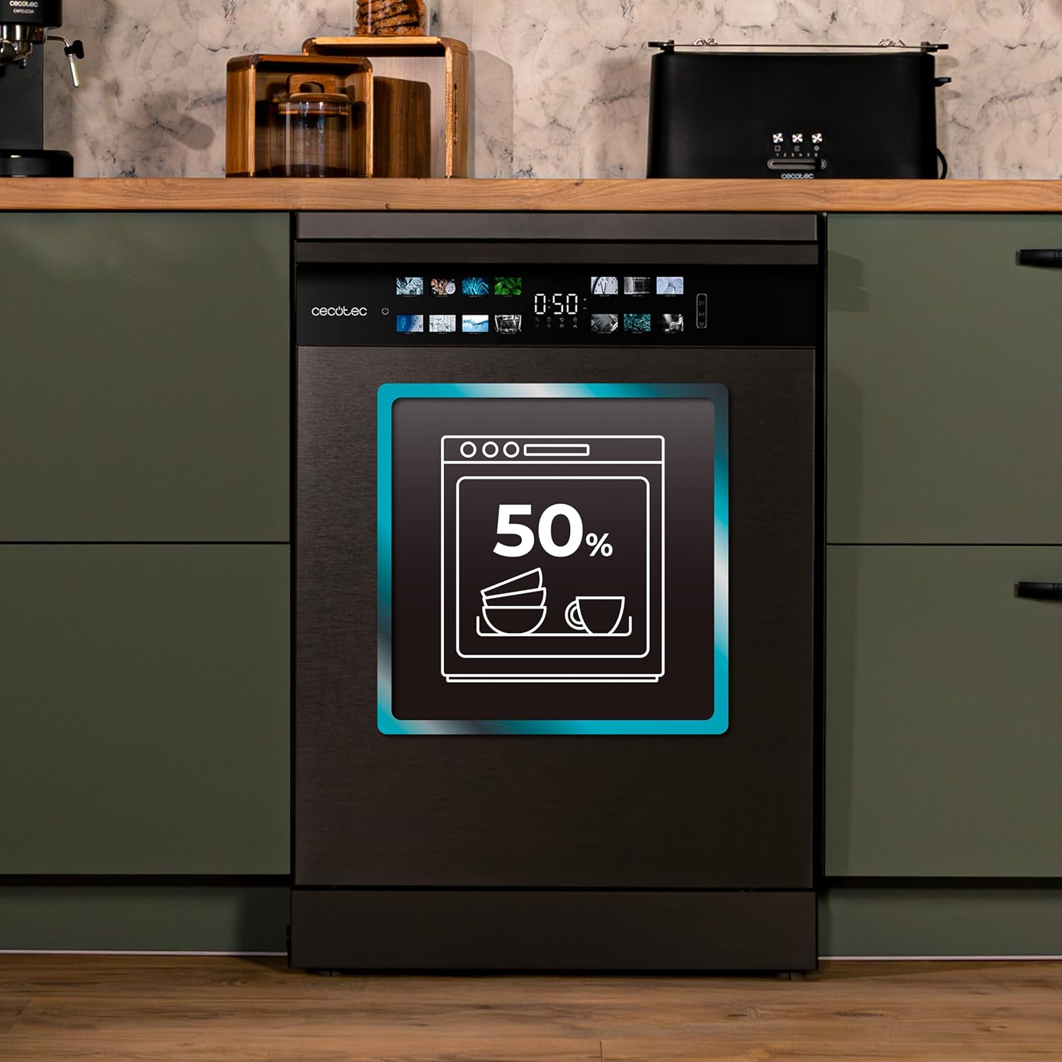 Dishwasher with a '50%' icon indicating the Half Load function is active