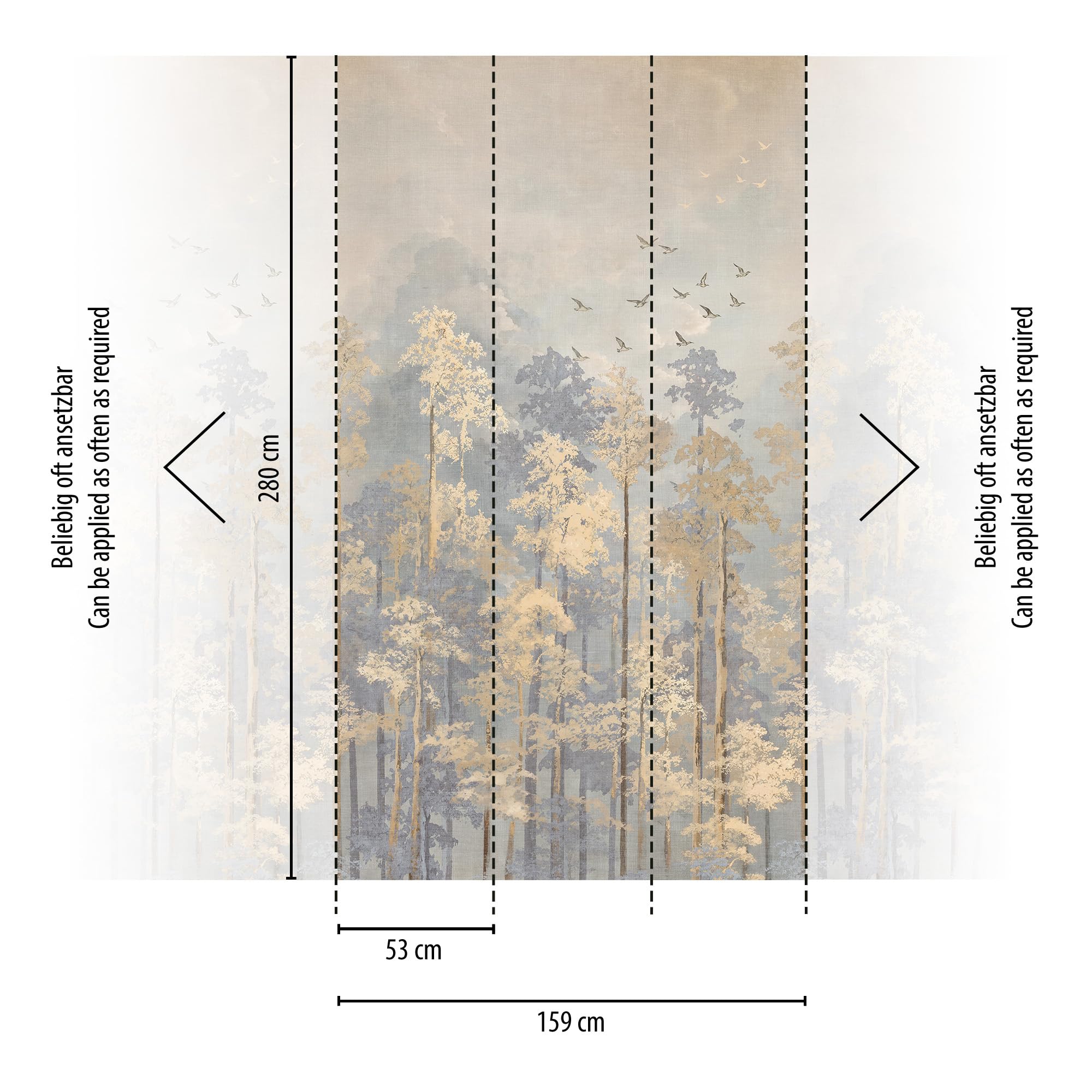 livingwalls CosmoLiving tapeta flizelinowa z motywem lasu beżowy, niebieski, żółty – dekoracyjna tapeta panoramiczna z motywem 8,80 x 0,53 m od COSMOPOLITAN – 791447