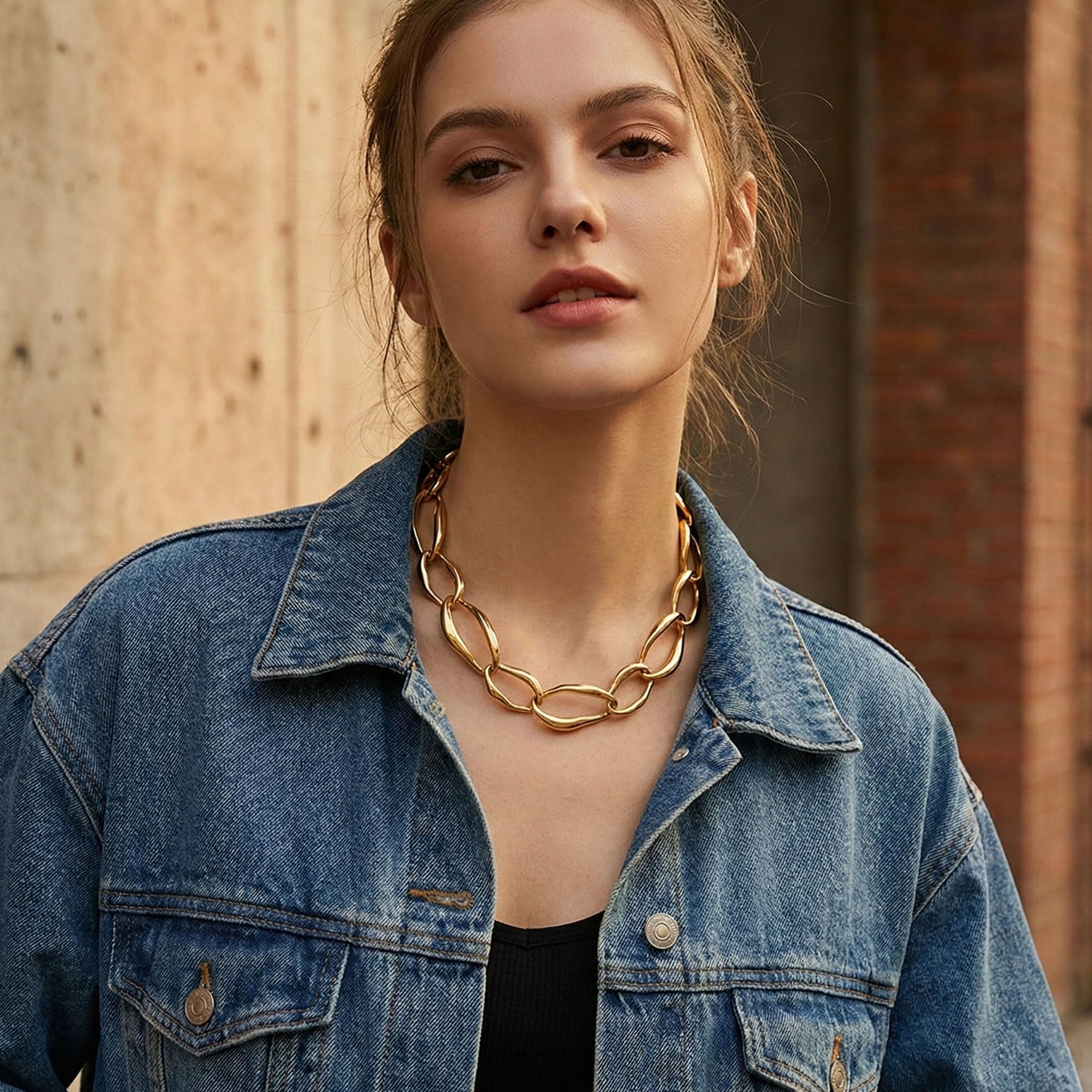 Schöner-SD Cadena de acero inoxidable para mujer, eslabones anchos, chapado en oro amarillo