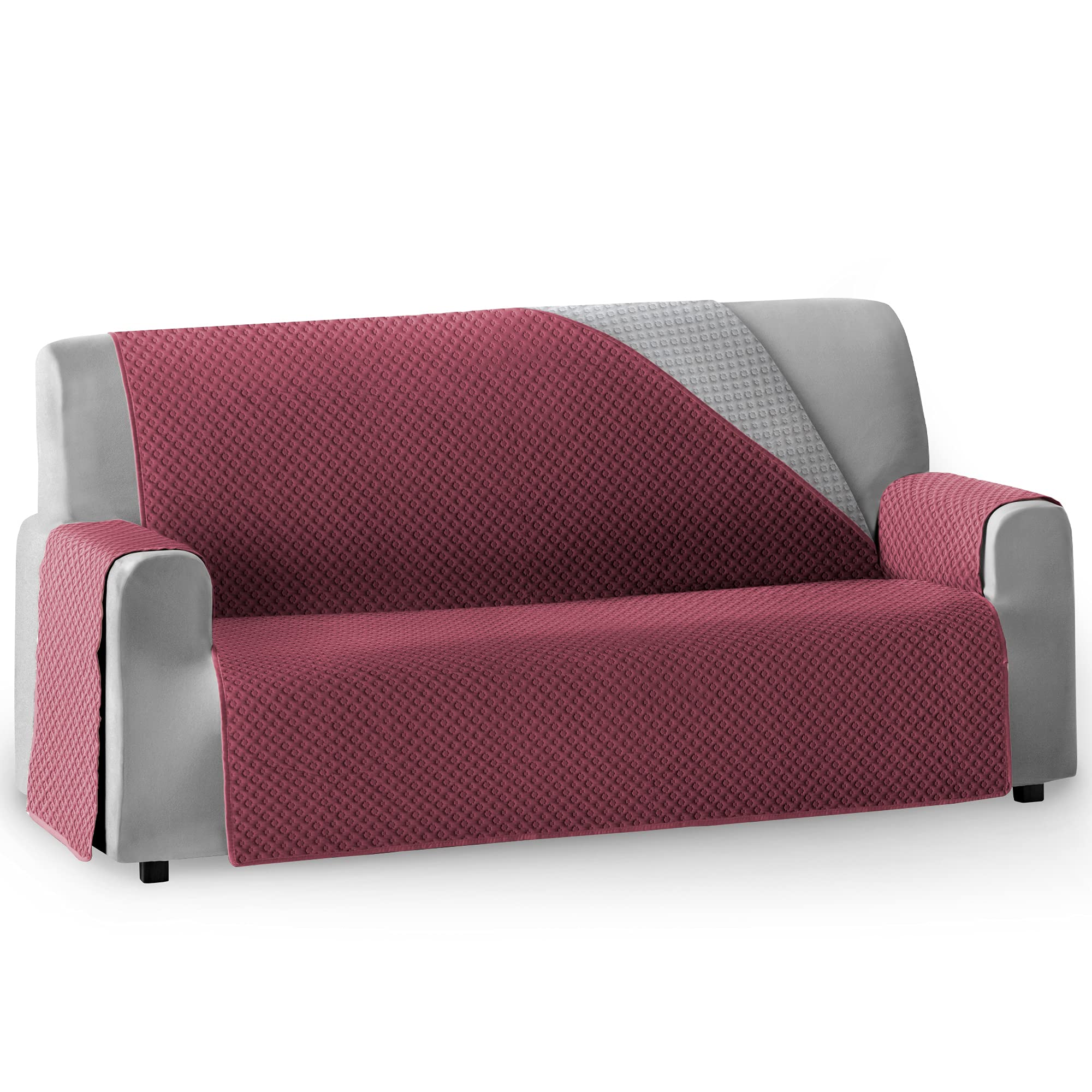 Vipalia Funda Cubre Sofa Acolchado Reversible Bicolor. Fundas para Sofa 3 plazas circulos. Cubre Sofas de Salon Antimanchas Ajustables. Color Rojo - Gris. Funda de Sofa 3 plazas (160 cm)