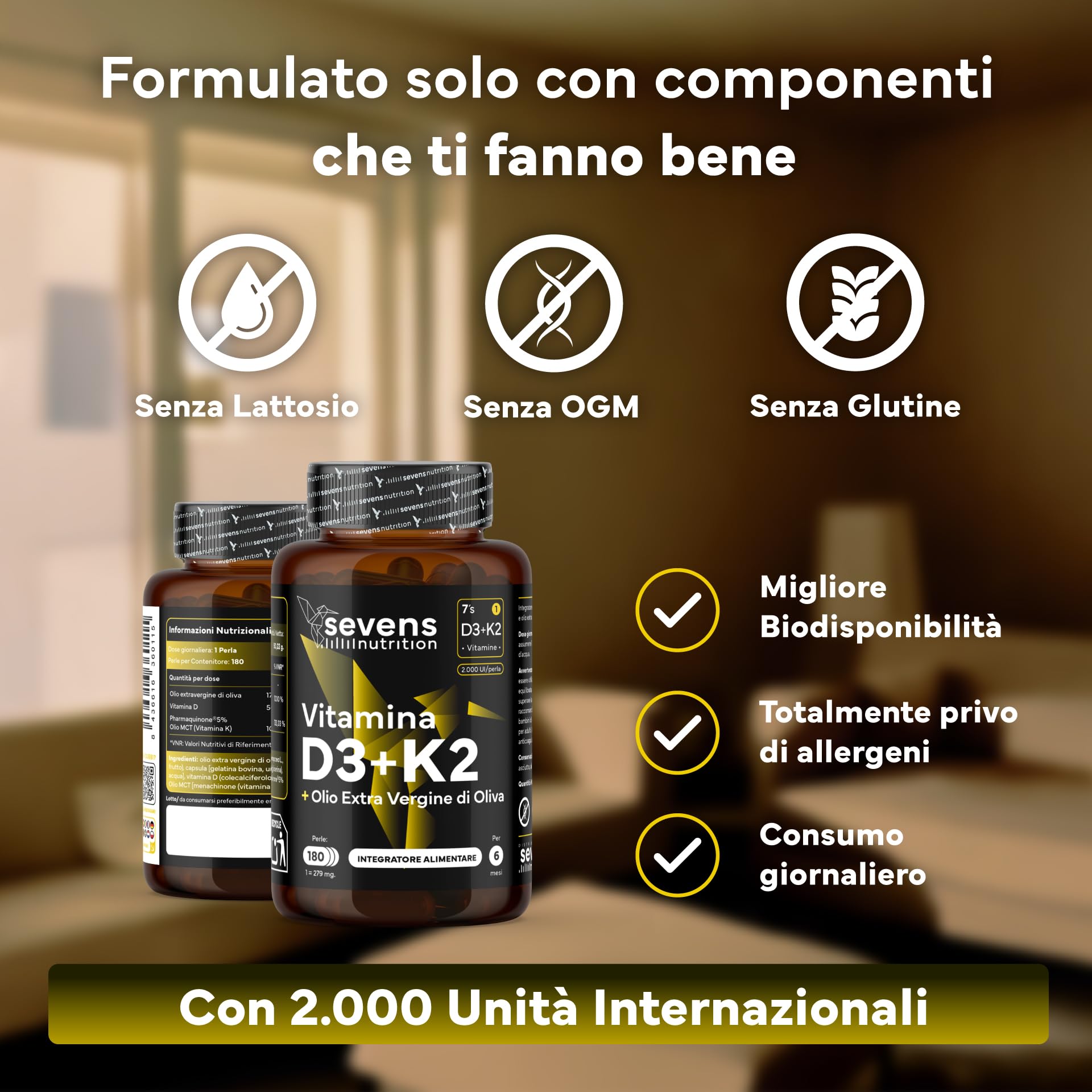 Vitamina D3 K2 - Alto Dosaggio y Assorbimento - Vitamina D3 2.000 U.I. e 100 µg di Vitamin K2 MK7 per Sistema Immunitario, Ossa e Denti - Con Olio Extravergine di Oliva - 180 Softgel Senza Glutine