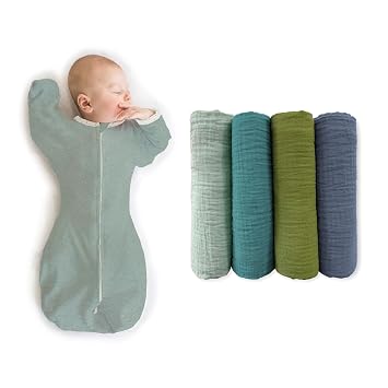 SwaddleDesigns Baby Swaddle Set, Jadeite, 3-6 Mo Transitional Swaddle Sack with Arms Up Half-Length Sleeves & Mitten Cuffs and Cotton Muslin Swaddle Blankets 4pk, Cascadia