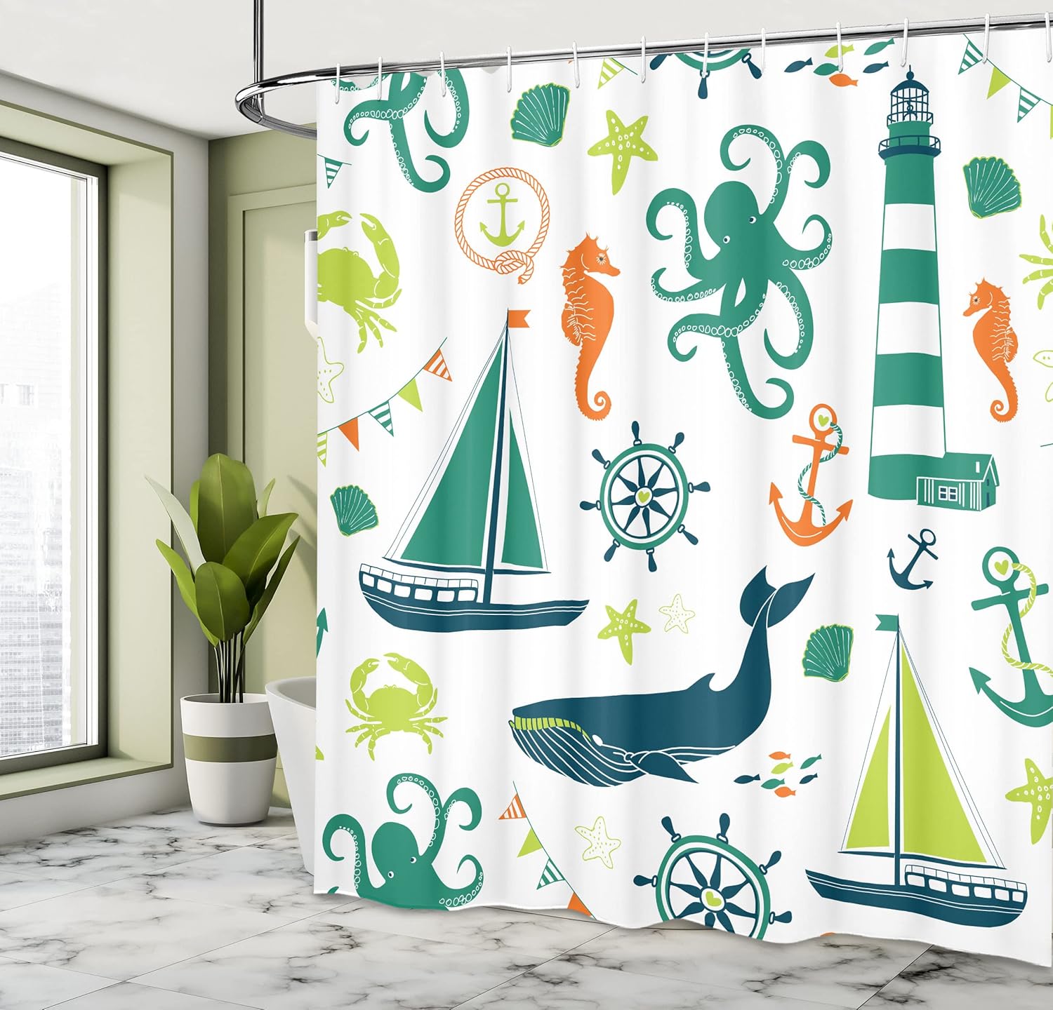 Ambesonne Nautical Shower Curtain, Pastel Colored Composition of Lighthouse Sailboat Fish Shells Octopus, Cloth Fabric Bathroom Decor Set with Hooks, 69" W x 70" L, Teal Multicolor