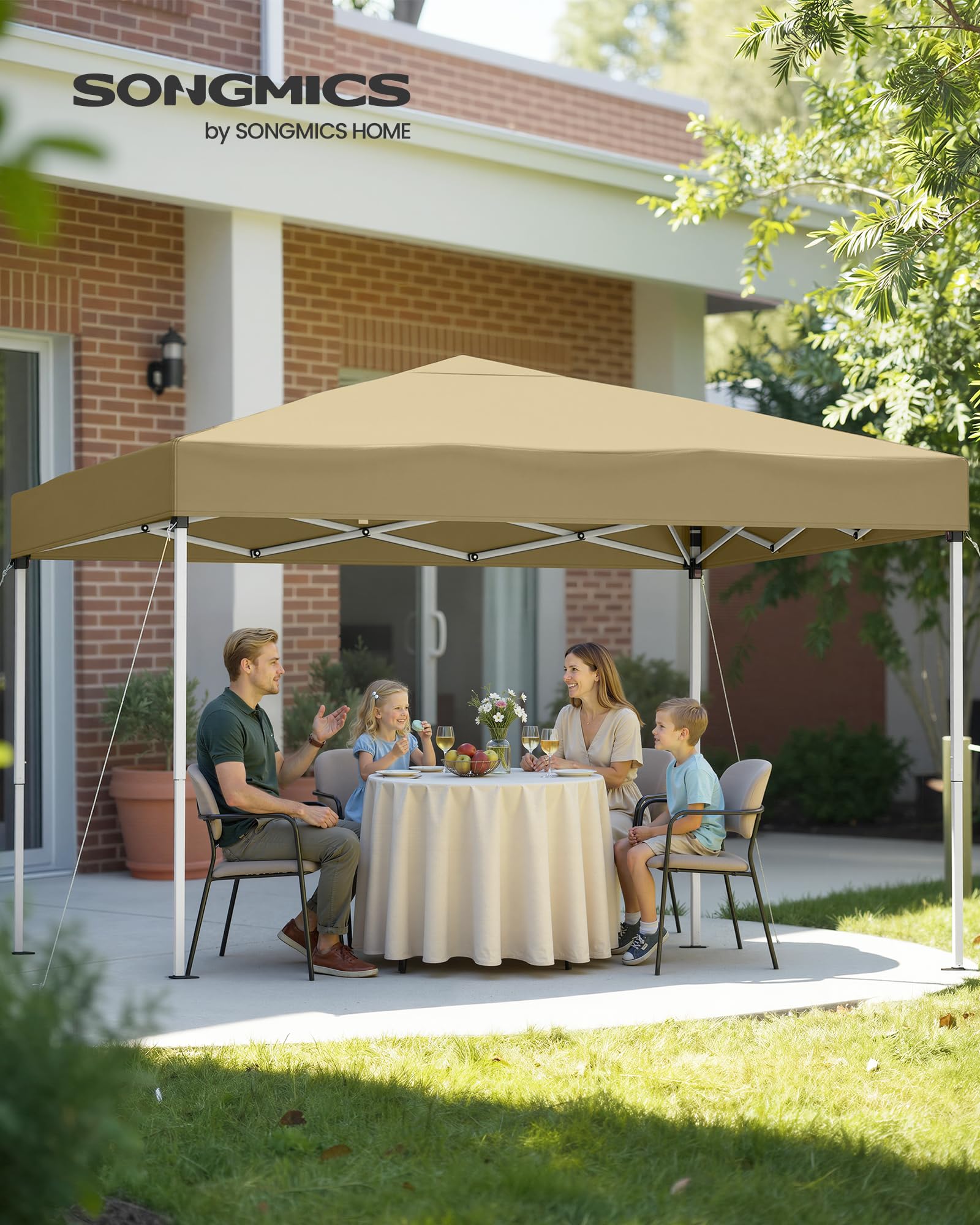 SONGMICS Gazebo 3 x 3 m, Tendone Pieghevole, Protezione Solare, Resistente alla Pioggia Leggera, Portatile, per Cortile, Giardino, Mercato, Beige GCT102LZ01