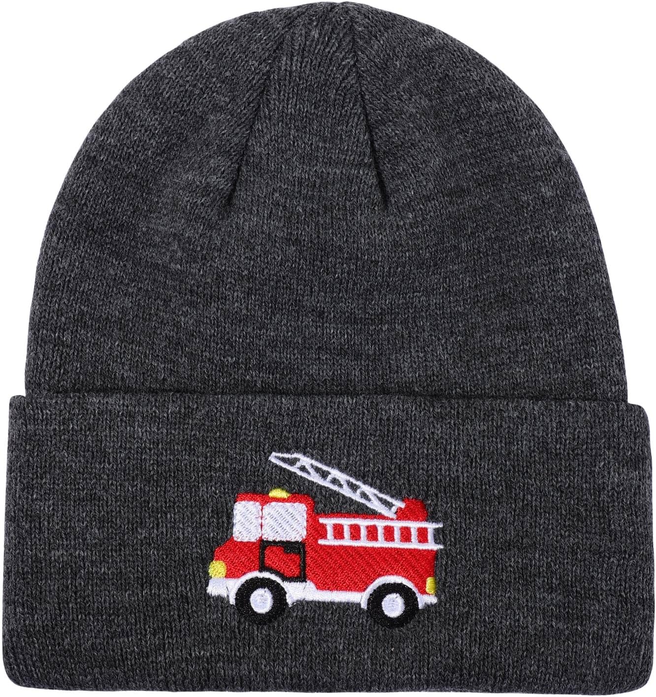 Kids Knit Beanie Cute Fire Trucks Embroidery Warm Cuffed Skull Caps Classic Autumn Winter Hats for Boys Girls 3-8 Years