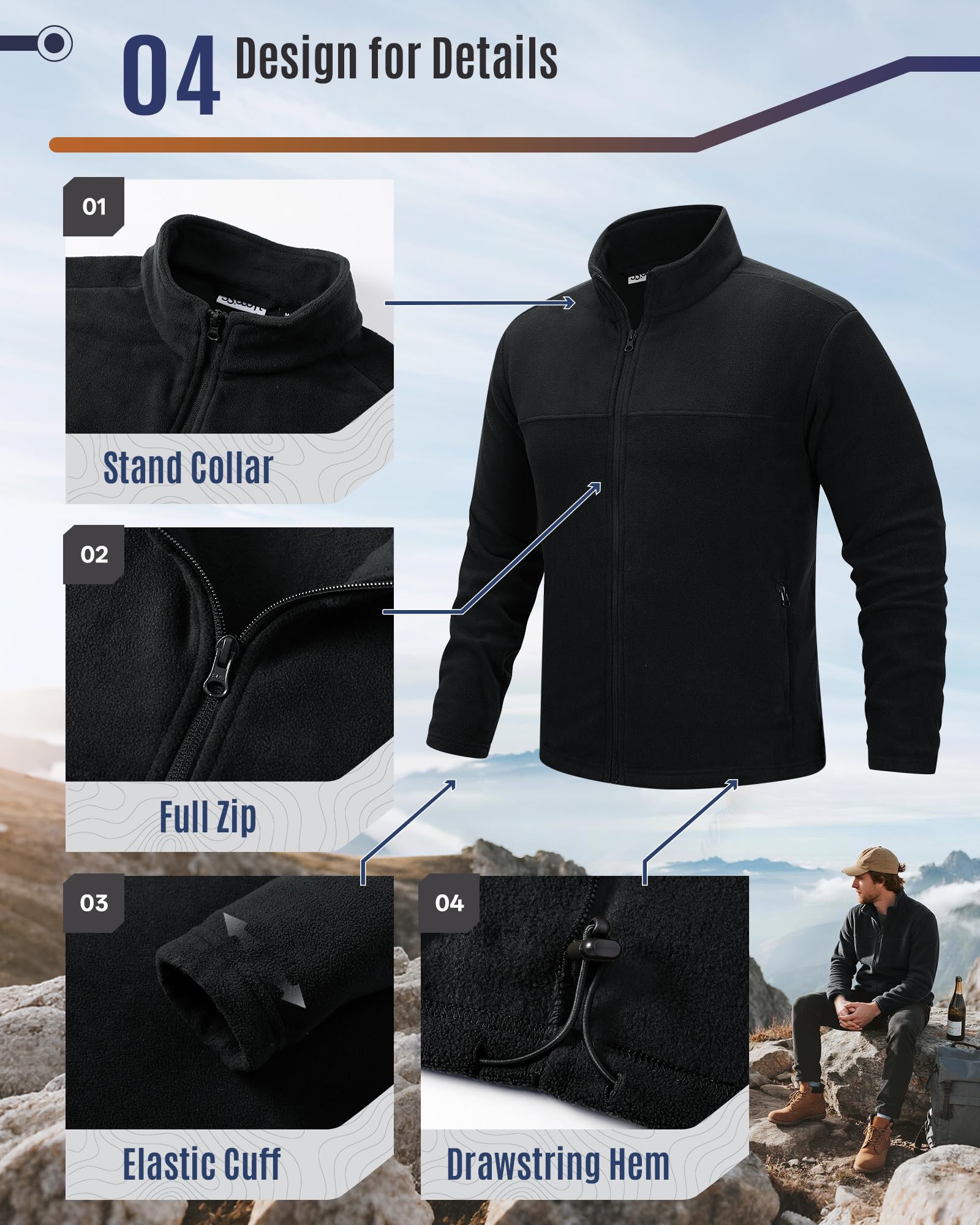 33,000ft Herren Fleecejacke leicht Strickjacke Übergangsjacke Outdoor Fleecejacken Warm Winterjacke für Wandern Freizeit Trekking