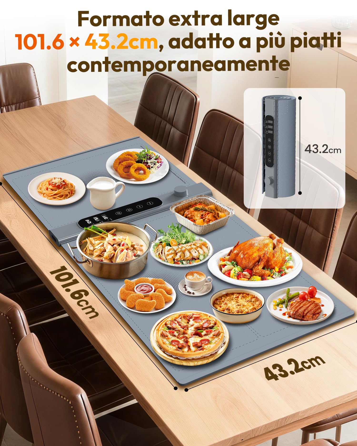 Vassoio Riscaldante Elettrico a 3 Zone Indipendenti 101×43 cm, Vassoio Riscaldante Pieghevole con 17 Livelli di Temperatura Precisi e Timer 1–6H, Tappetino Riscaldante in Silicone per Buffet e Feste
