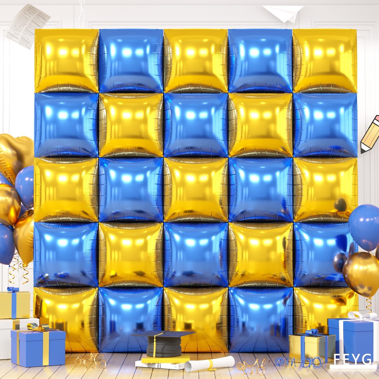 Metallic Navy Blue and Gold,Pearl Blue and Silver Double Sided Square Foil Balloons Wall,19 Inches Blue Chrome Tunnel Arch Kit for 2025 Graduation,
