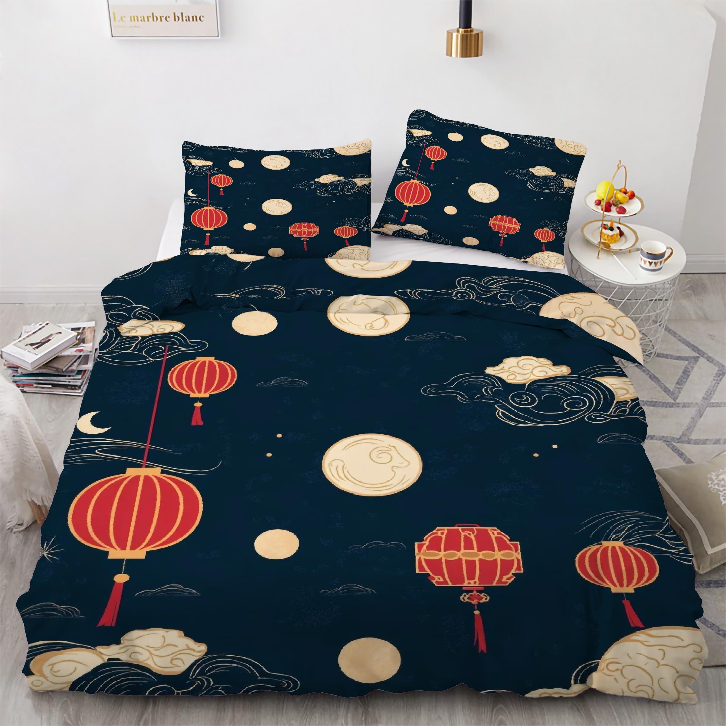 Housse de Couette 200x200 Lanterne et Lune Parure de Lit Microfibre avec Fermeture Éclair