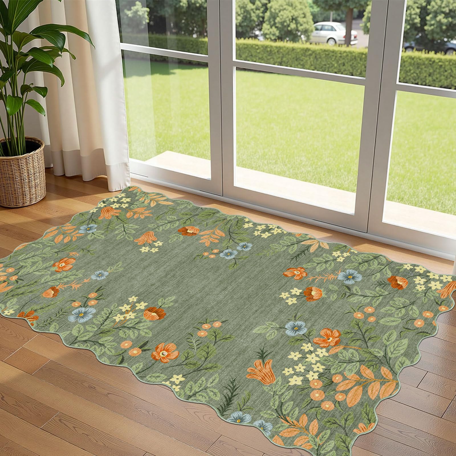 Photo 1 of Othilic Sage Green Floral Entry Rug - 3x5 Ft Washable Indoor Outdoor Mats for Front Door Non-Slip Porch Rug Non-Slip Boho Throw Rugs for Living Room Bedroom Entryway Kitchen Office Porch Decor