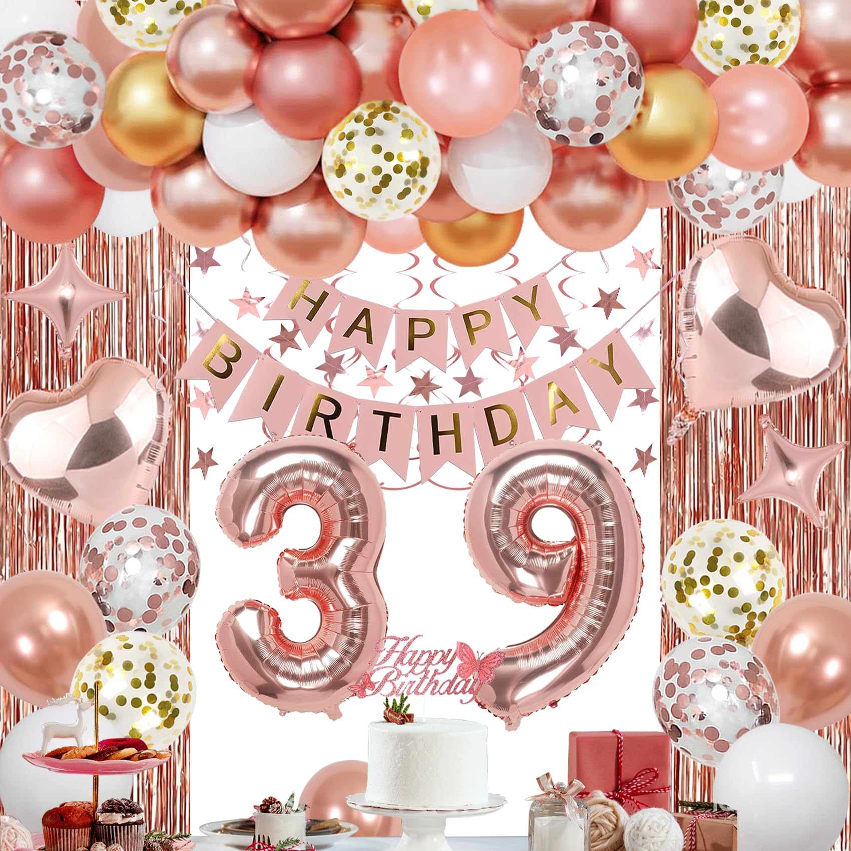 NANINUNENO 39th Rose Gold Birthday Party Decorations for Women, Rose Gold Happy Birthday Banner, Fringe Curtains, Heart Foil Balloons, Confetti