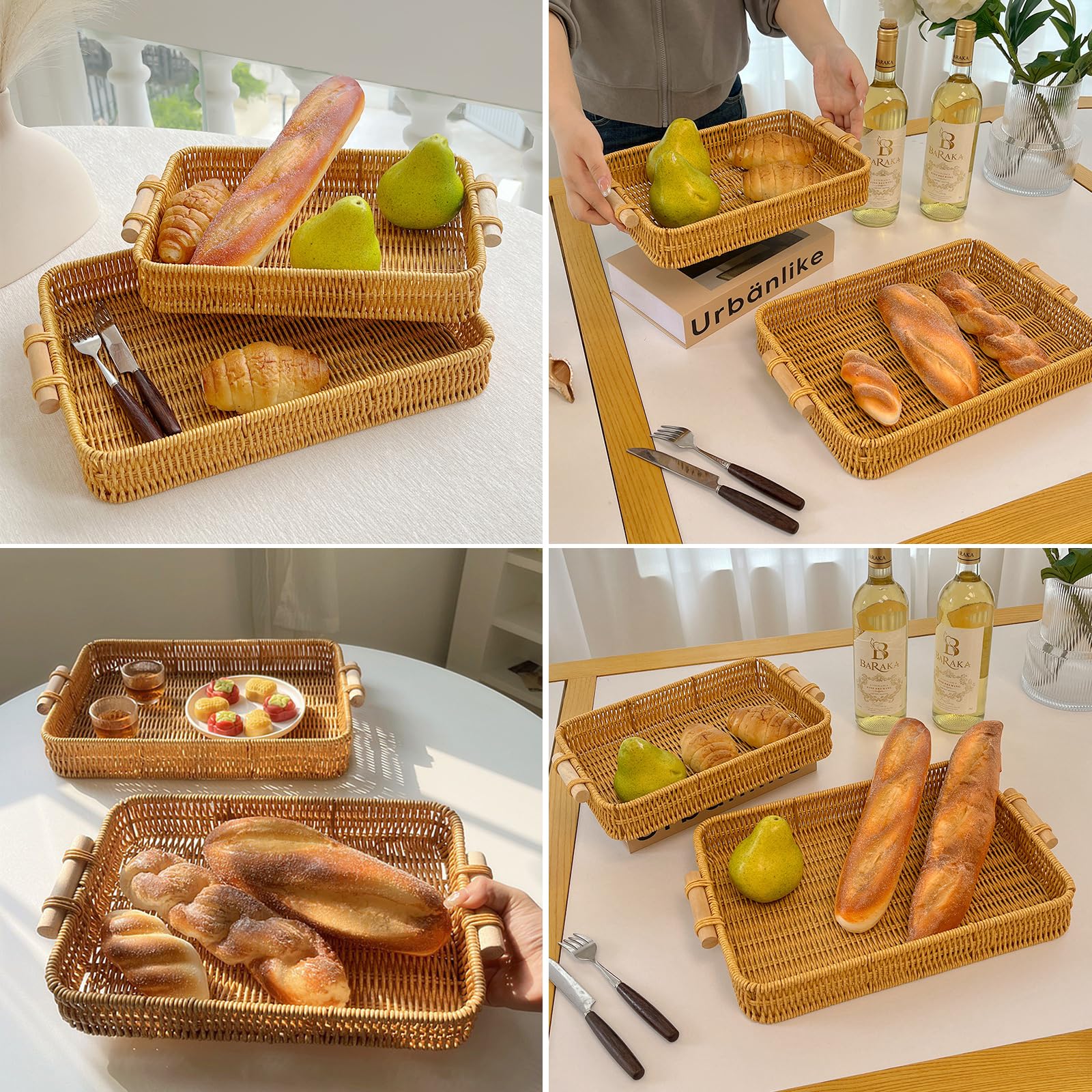 Wicker Basket Serving Tray with Handles Handwoven Rattan Storage Sofa Table Trays Decorative Organizer Tray for Eating Fruit Breakfast Food Coffee Bread Gift for Women, Set of 2 - Image 2