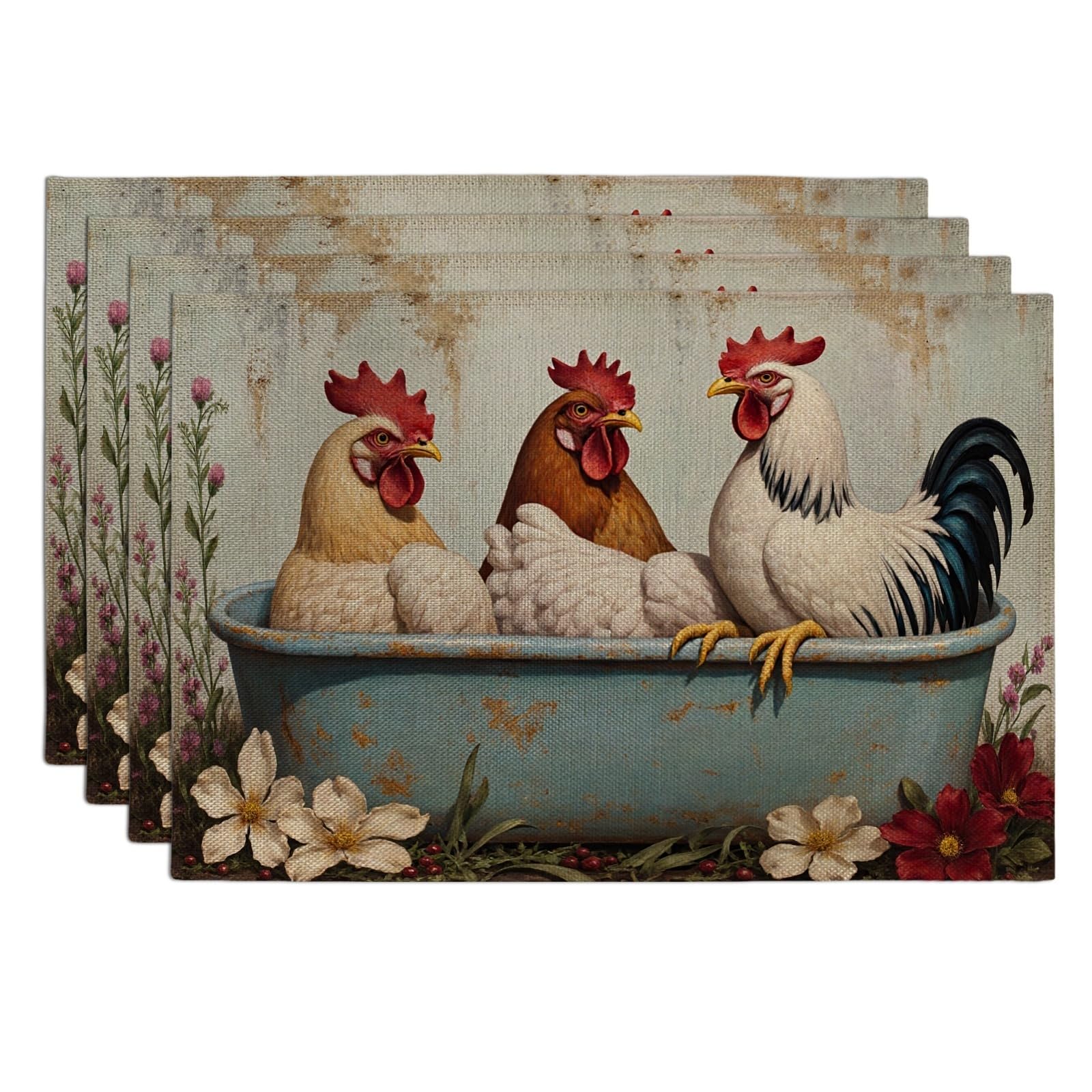 Farmhouse Rooster Placemats, Vintage Country Style Table Mats for Dining, Rustic Kitchen Non-Slip Washable Indoor Outdoor Decorative Placemat Set of 4