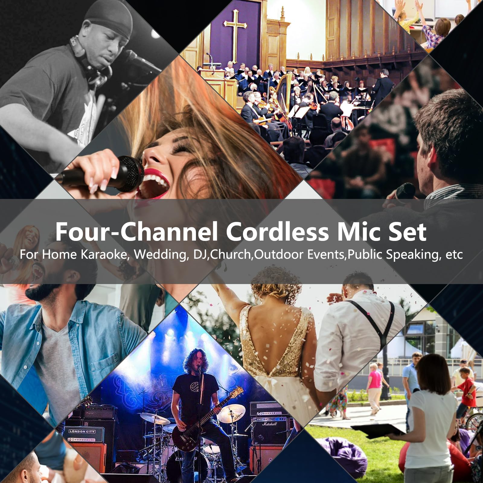 Système de Microphone sans Fil UHF à 4 canaux avec Microphones à Main sans Fil, 4 x 50 fréquences réglables, idéal pour Les réunions de karaoké, l'église, Une portée de 300 m
