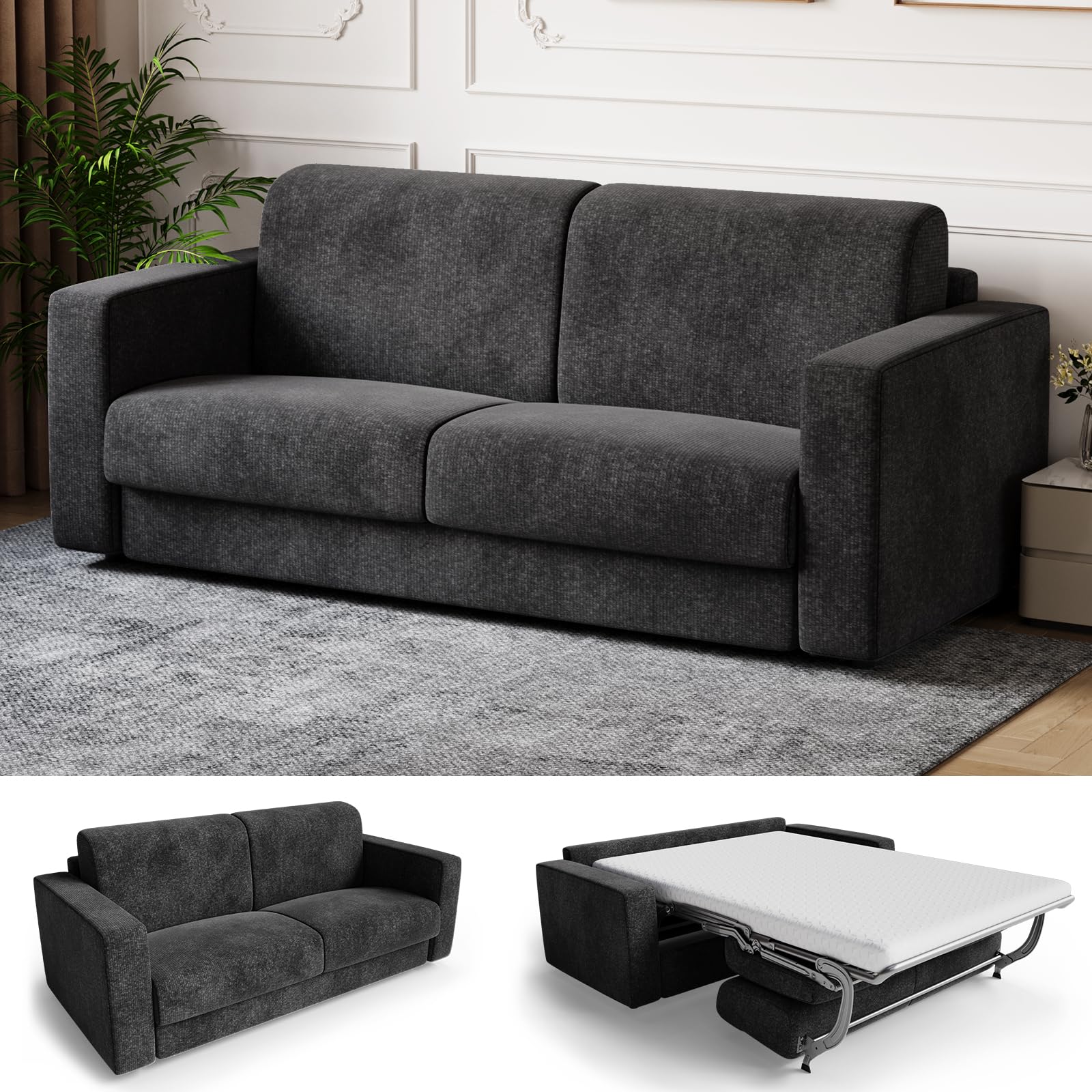 Devoko Schlafsofa mit Matratze 2 Sitzer Sofa 190 cm breit mit Schlaffunktion Ausziehbares Schlafcouch Chenille Couch Klappsofa für Wohnung und Wohnzimmer, Schwarz