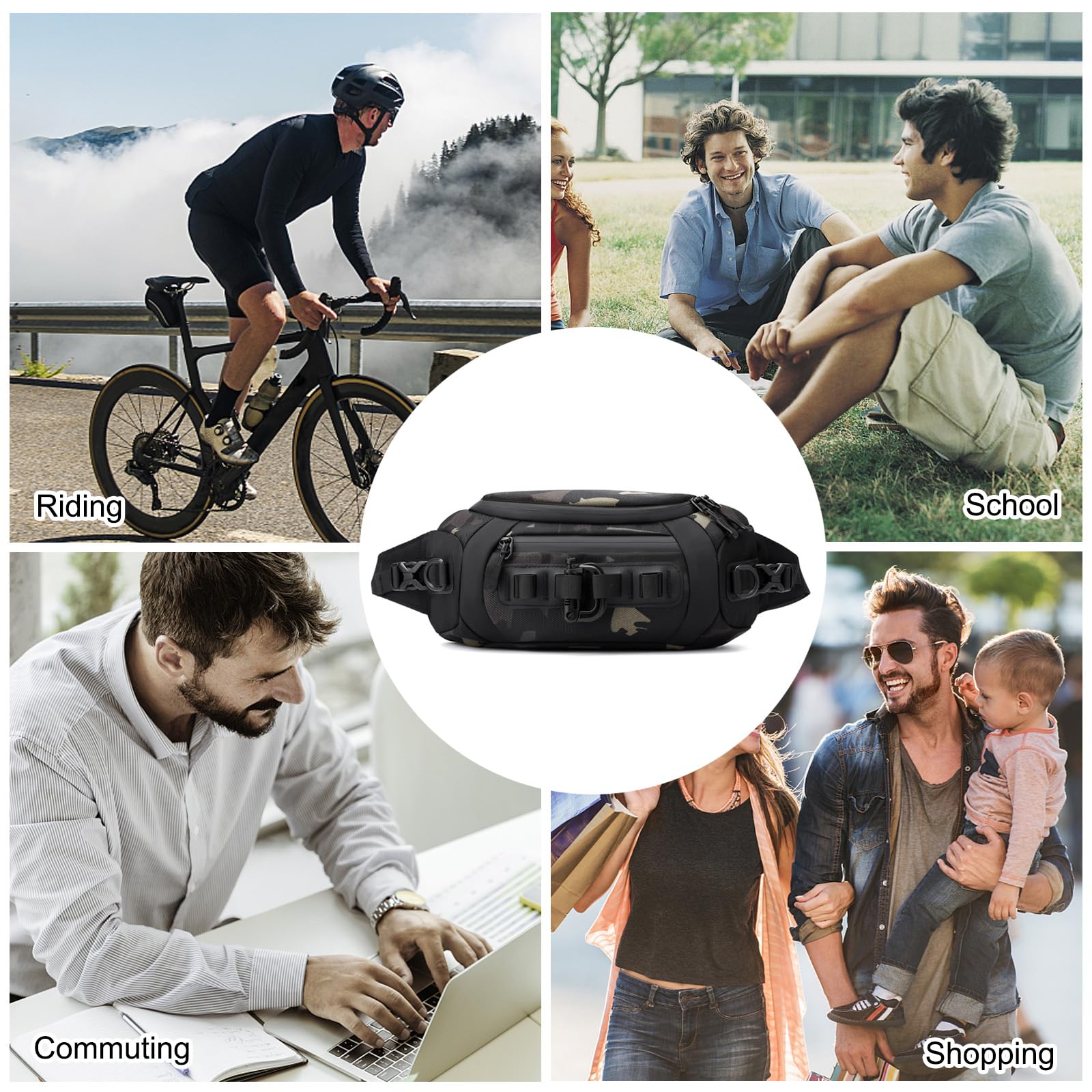 FANDARE Sac Banane Multifonctionnel - Poitrine, Sport, Bandoulière, à Dos Porté Travers pour Homme Femme - Randonnée, Ceinture de Course en Nylon - Sacoche Cyclisme, Epaule Camo