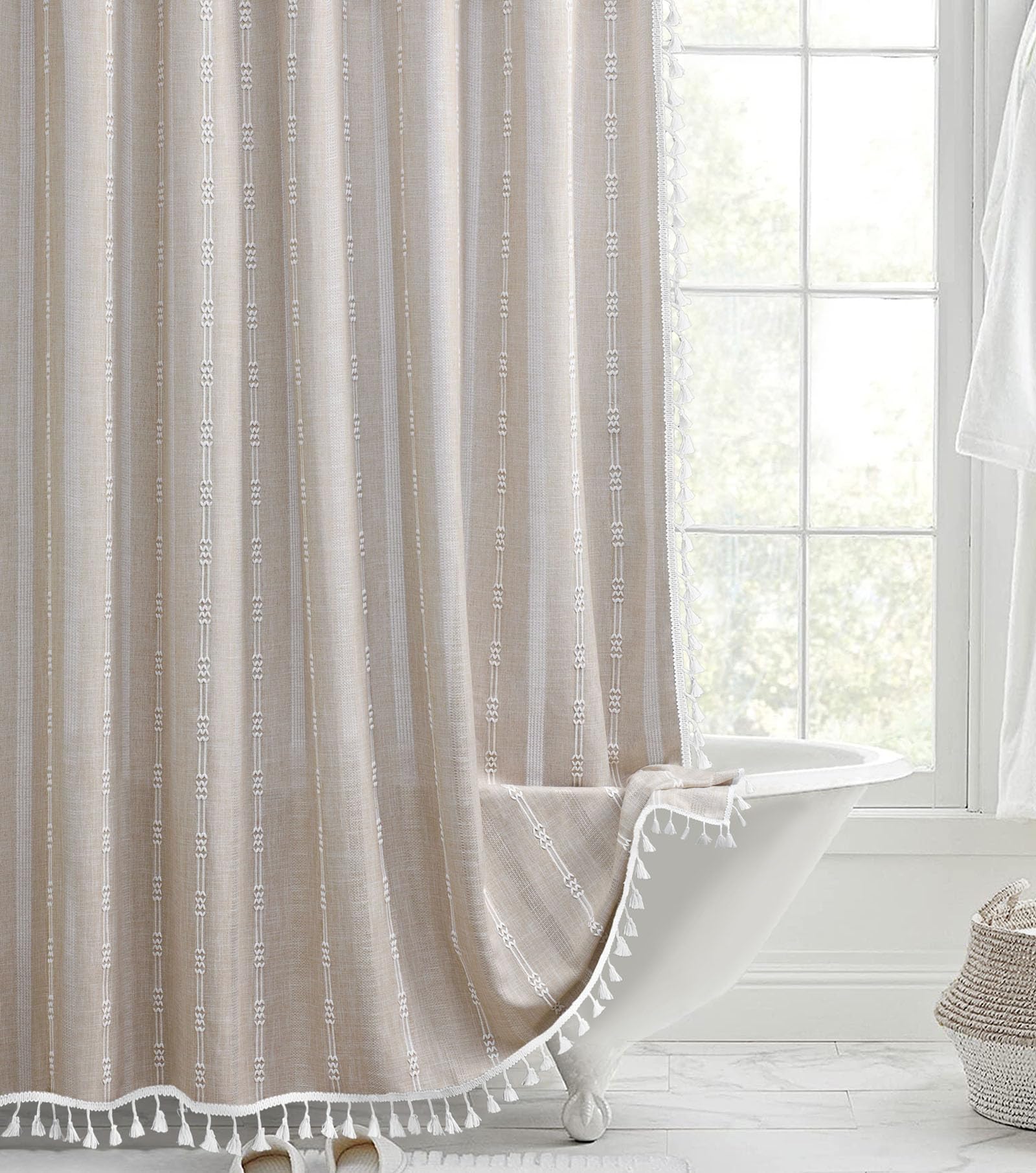 Tenda da doccia beige per fattoria, 182 x 182 cm, decorazione retrò cottage in cotone e lino, accessori da bagno in stile country, biancheria da bagno durevole ed elegante