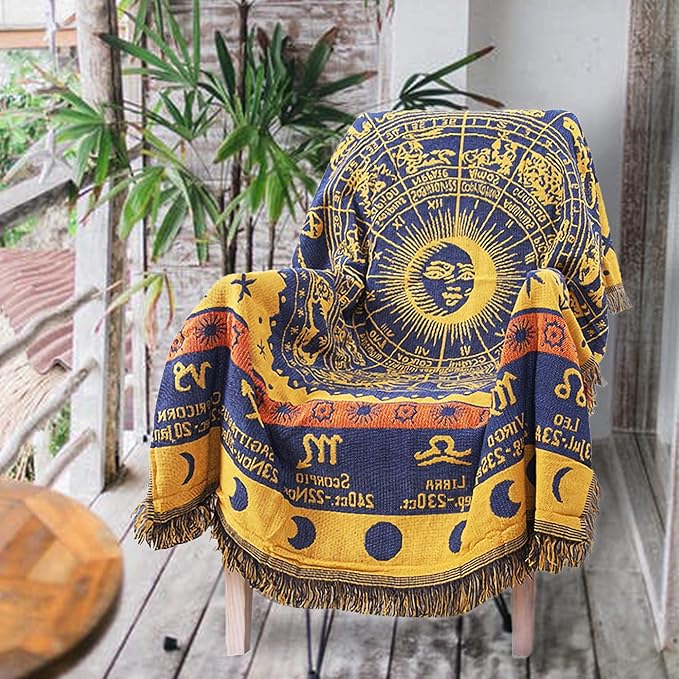 Boho Throw Blankets Woven Reversible Cotton Bohemian Tapestry Hippie Room Decor Witchy Astrology Zodiac Celestial Constellation Carpet Bed Recliner Chair Couch Sofa Cover Double Sided 50