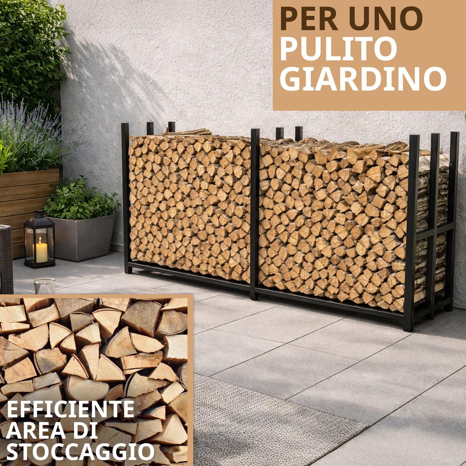 Portalegna da esterno in metallo zincato nero 223 x 50 x 115 cm legnaia per legna da ardere