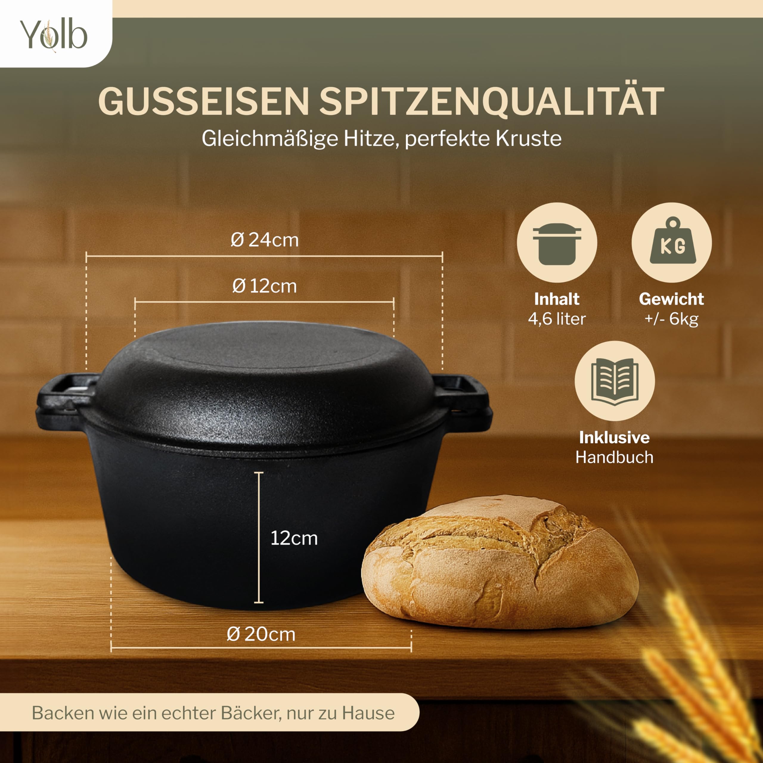 sauerteig Brotbacktopf – Gusseisen Topf mit Deckel (Dutch Oven), Sauerteig-Starter-set mit Sauerteig zubehör, brotbackform – Komplettes XL-Sauerteig Brotbackset zum Brotbacken im Ofen.