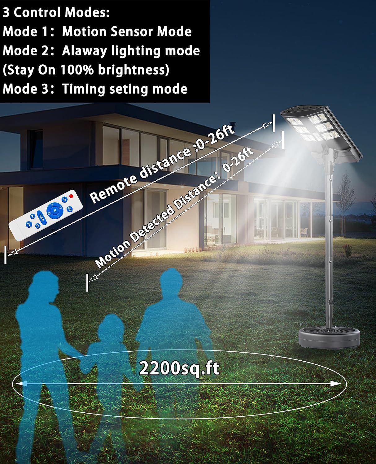 JAYNLT 4000W Solar Street Lights Outdoor with 78" Tall Pole, 3000K/4000K/6500K 300000LM Solar Floor Lamps Dusk to Dawn, IP68 Waterproof Solar Pole Lights with Motion Sensor for Yard, Patio, Camping