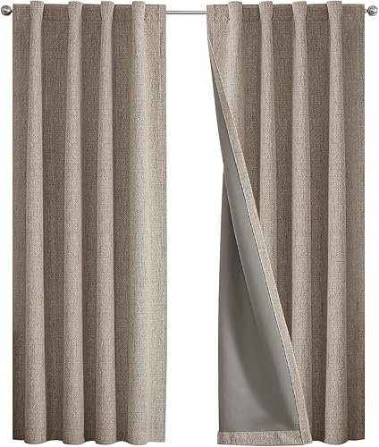 Miniatura 90 de Joydeco - Cortinas 100% opacas, 2 paneles de lino natural para oscurecer habitación/sala de estar, aislamiento térmico, trabillas traseras y