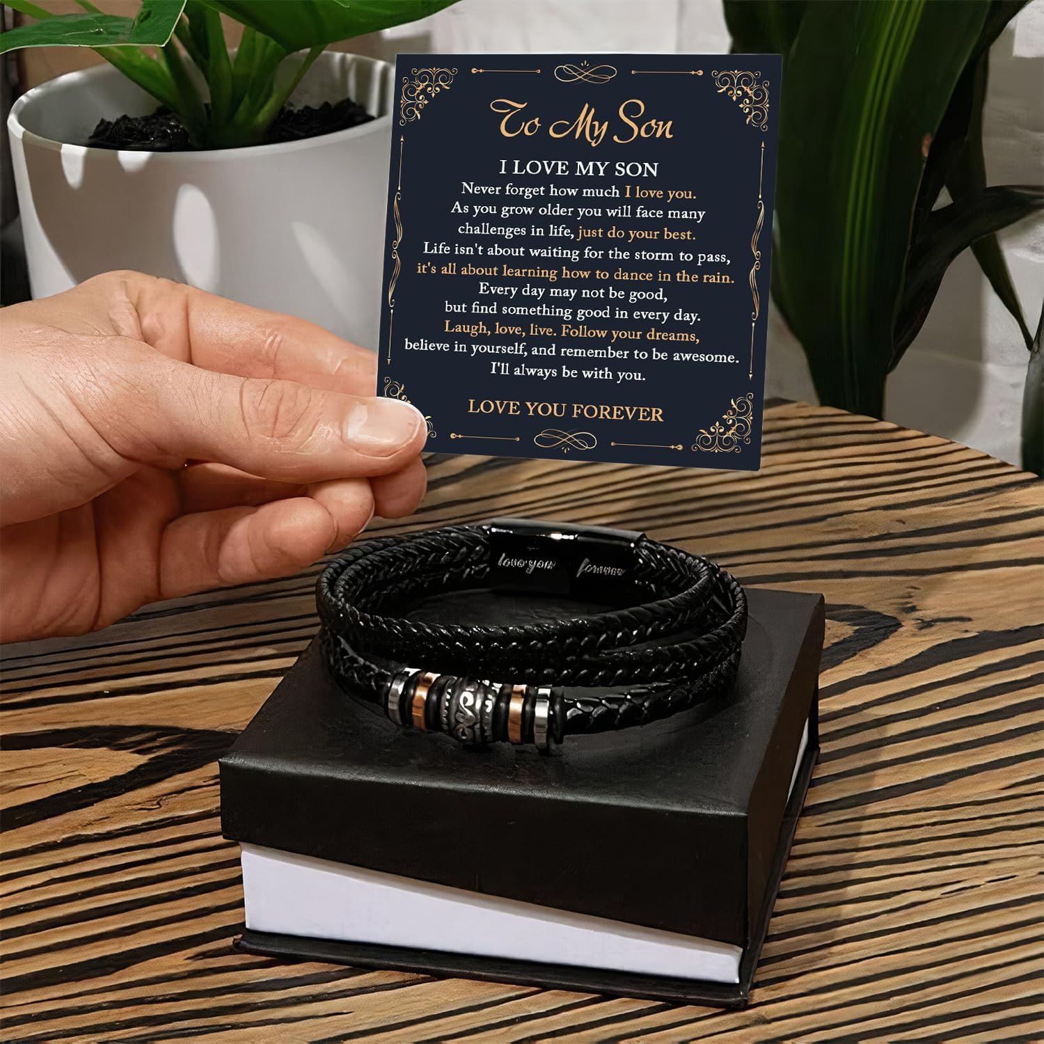 To My Son Bracelet From Mom Dad with Personalized Message, Forever Linked Together Black Braided Leather Inspirational Bracelets, Gift For Son From Parents, Birthday Gift with Card and Box - Image 2