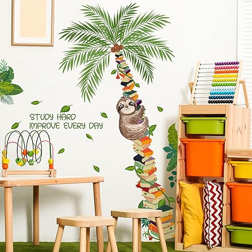 Vinilo decorativo de pared con diseño de perezoso y plantas de árbol de libro, lindo perezoso que sube al árbol, papel tapiz de vinilo extraíble