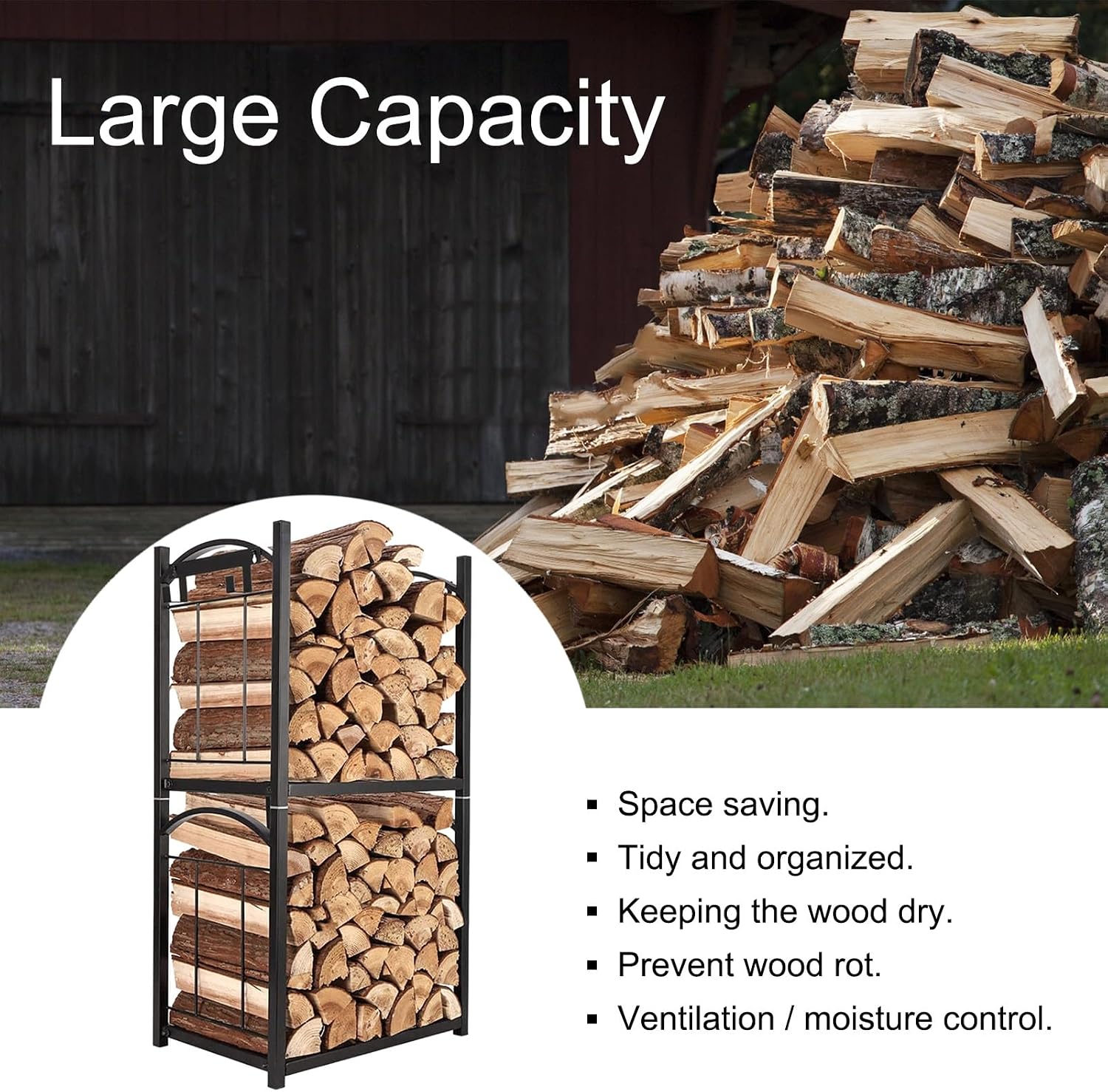 Metal Fireplace Wood Storage Holder, Large Capacity Fireside Log Stacker Stand, Double Firewood Stacking Container for Backyard Porch Garage,