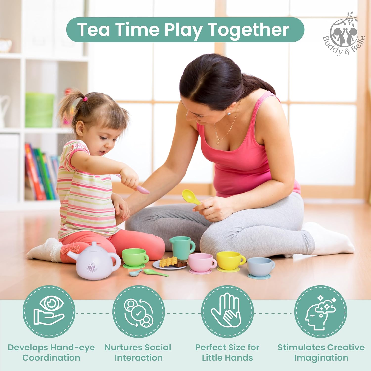 Silicone Tea Set for Toddlers 3-5 – 18 Pc Pretend Play Tea Party Set with Picnic Cloth & Gift Case – BPA-Free, Food-Grade, Dishwasher Safe – Use with Real Liquids