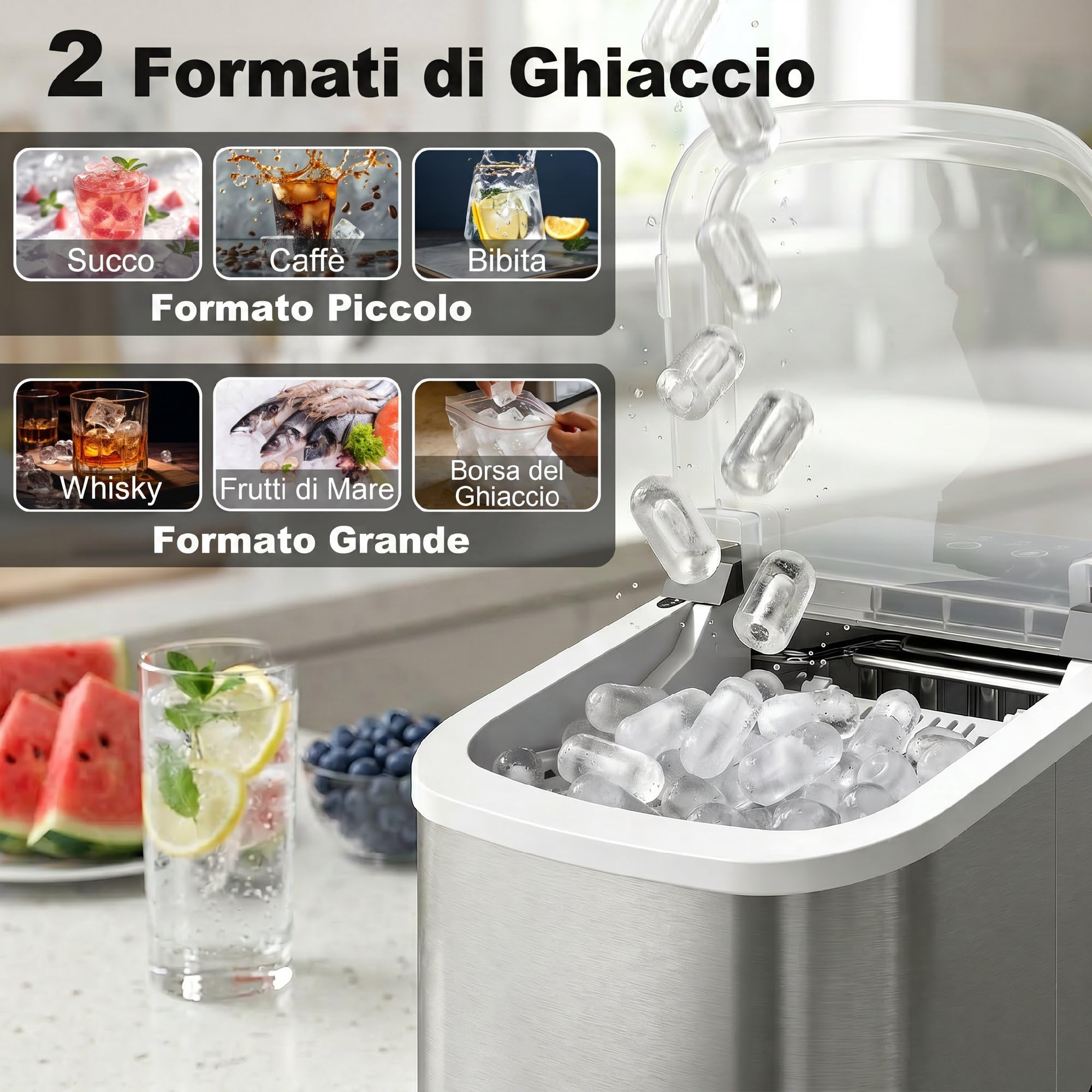 HOMCOM Macchina Ghiaccio 12kg/24h, Autopulente Macchina del Ghiaccio 9 Cubetti in 7-10Minuti, Acciaio Inox, 2 Dimensioni, Serbatoio 1.2L, Portatile, Silenzioso, Cestello Paletta, Casa Ufficio, Argento