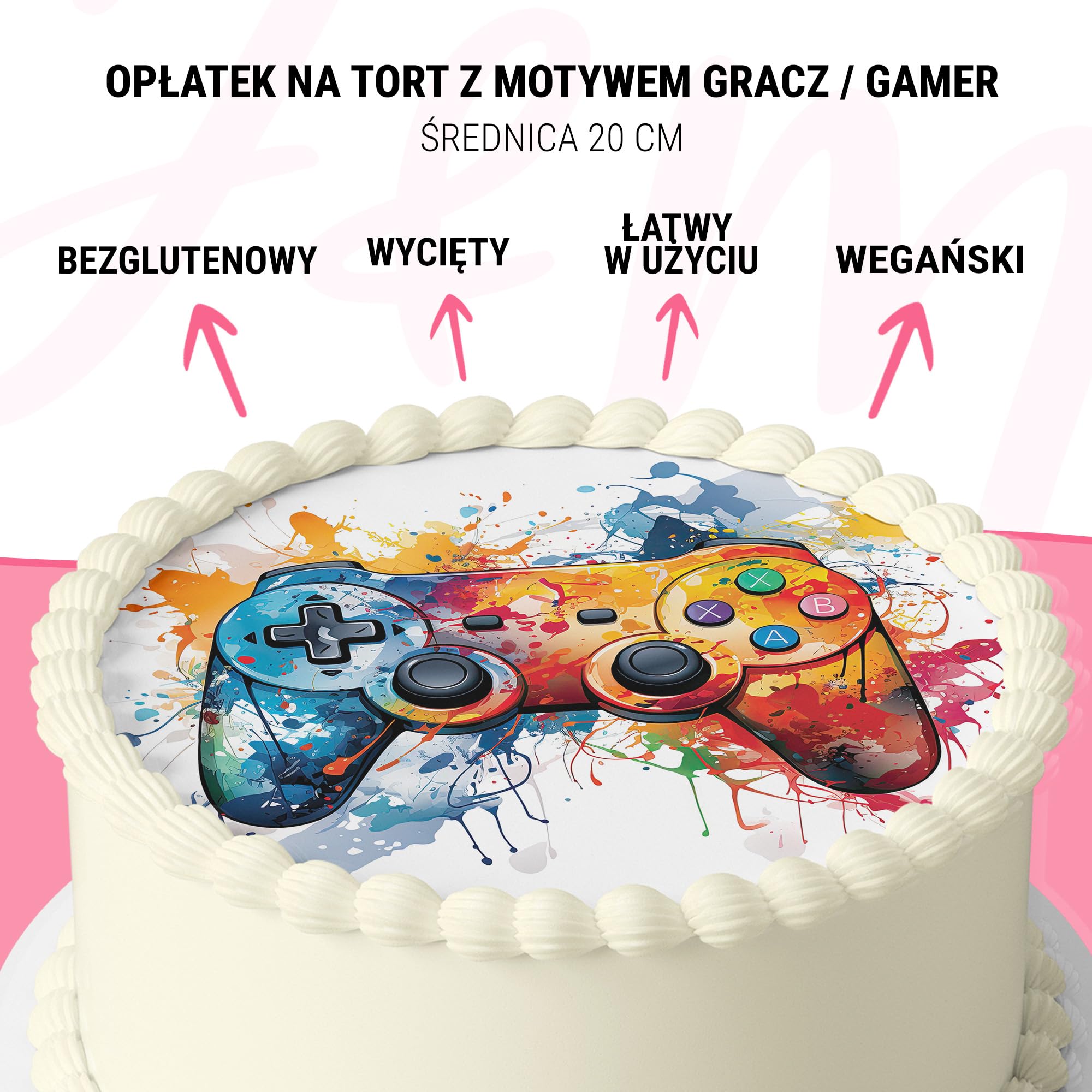J&M DECO Opłatek na tort Gamer Ø20 cm – jadalna dekoracja urodzinowa dla dzieci – topper gamingowy z papieru opłatkowego 0,6 mm – bezglutenowy i wegański