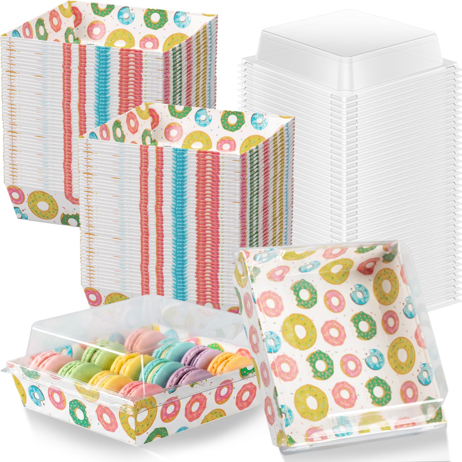 Potchen 50 Pack Donut Charcuterie Boxes with Clear Lids Cookie Boxes with Window Square Candy Treat Container Dessert Cake Box for Gift Giving Baby Shower Birthday Donut Themed Party Supplies