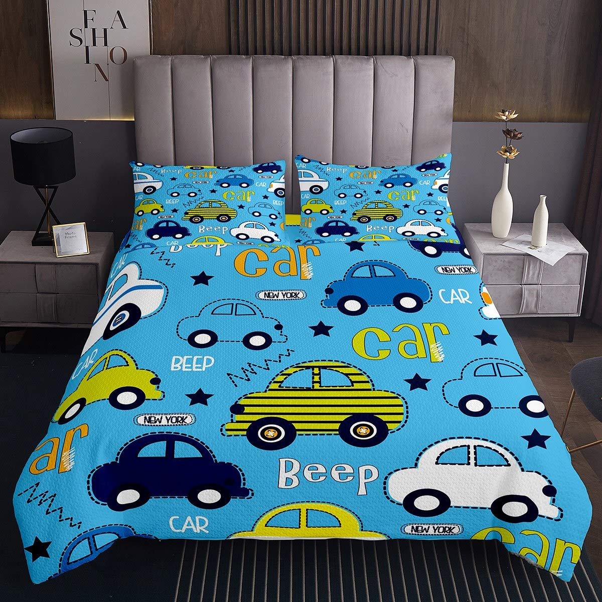 Tbrand Copriletto trapuntato per bambini, motivo cartoni animati, blu e giallo, per bambini e ragazzi, set copripiumino per camera da letto trapuntato, 2 pezzi, per letto singolo