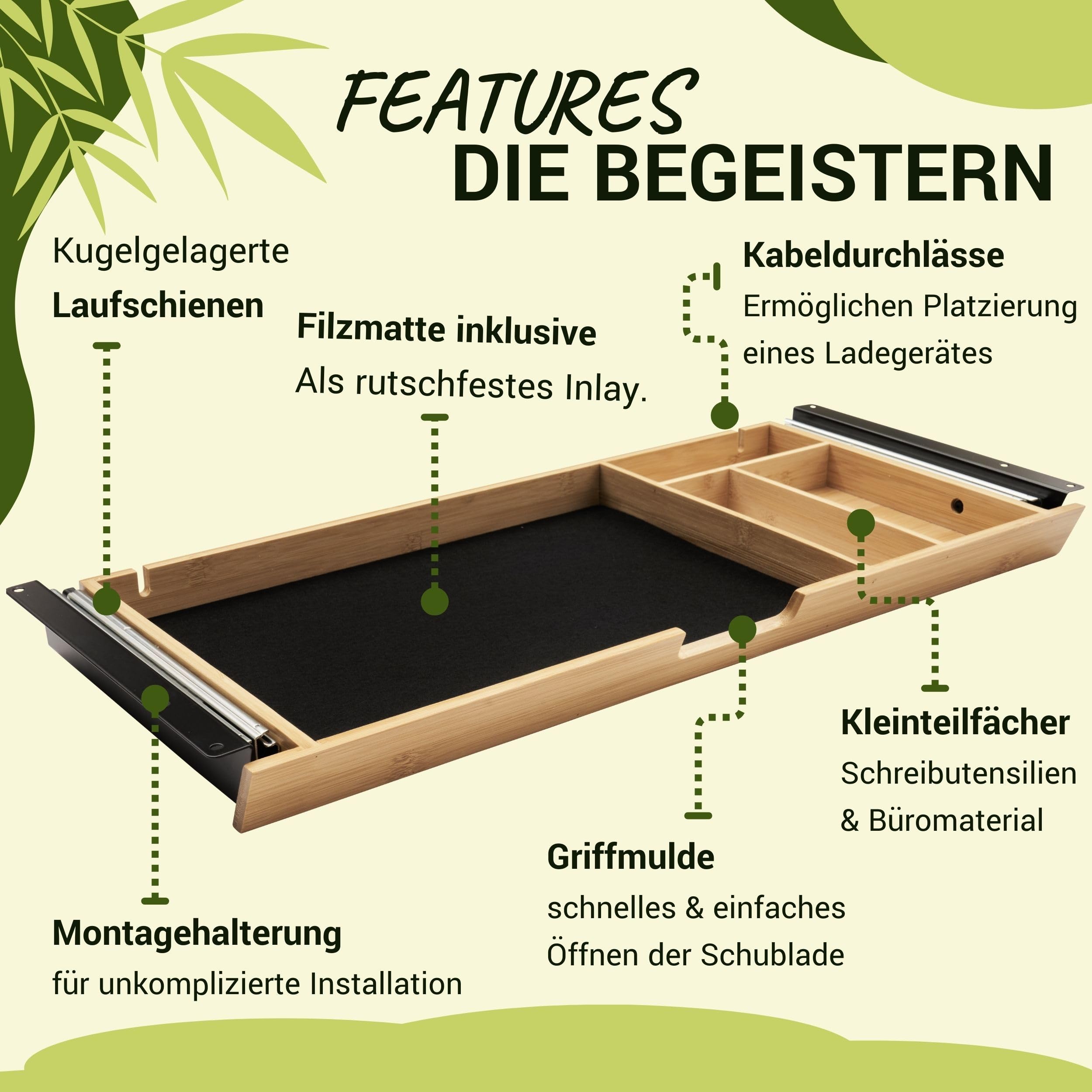 bümö Schreibtisch Organizer Schublade aus Bambus - große Unterbau Ablage für Stifte, Smartphones & Co. - einfach unter dem Tisch montierbar, Premium Schreibtisch Zubehör