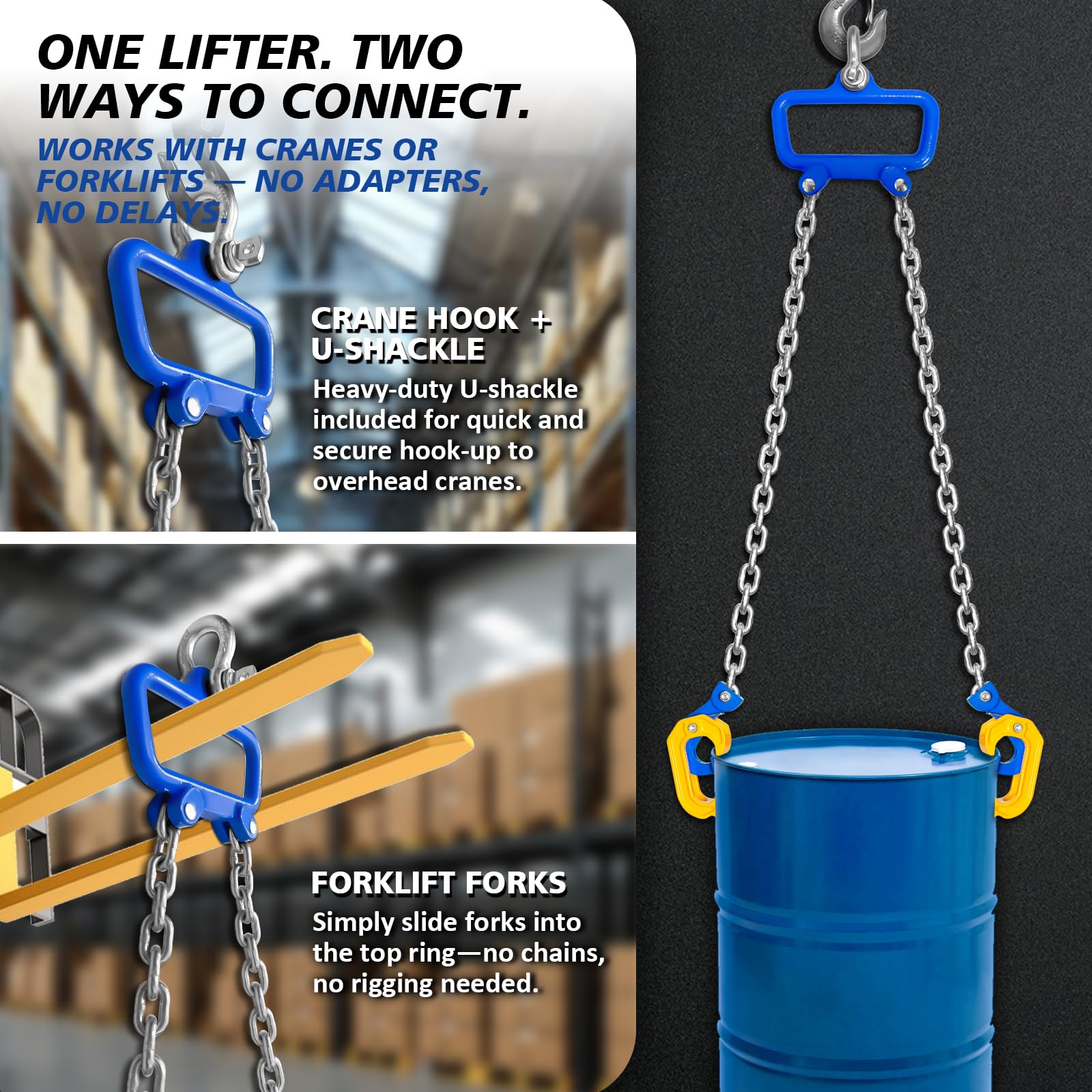 YATOINTO Pince de levage de tambour de 1 ton avec chaînes G80 | Outil de levage de baril pour fûts en acier et en plastique de 100 à 150 litres | Crochets de verrouillage à ressort | Compatible avec