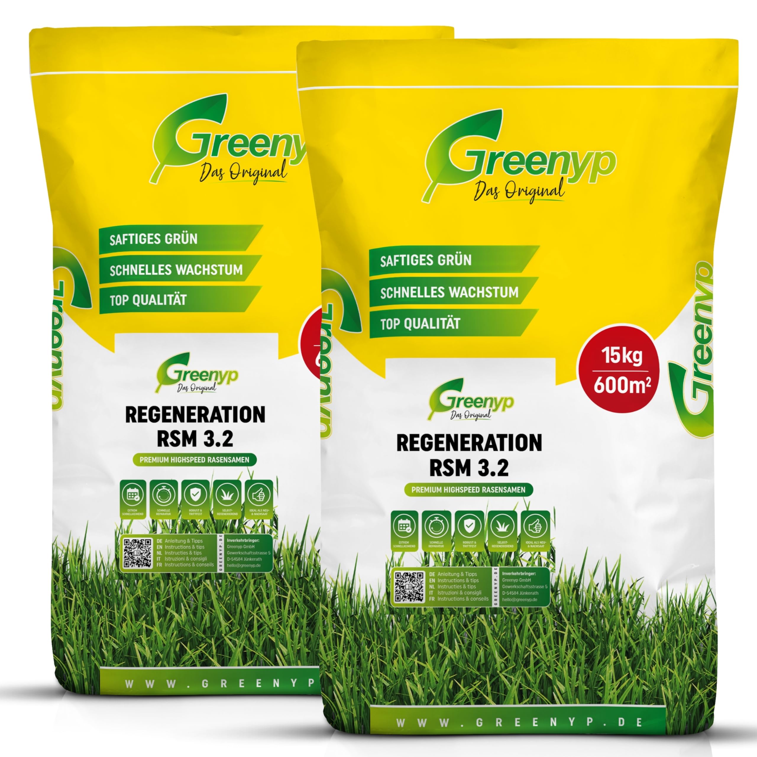 Greenyp Turbo Nachsaat RSM 3.2 I Semi di erba a germinazione rapida per la primavera I 20 kg per 800 m² I Ideale per colmare le lacune come nuova e dopo-semina I 100% semi di erba RSM I Semi di erba