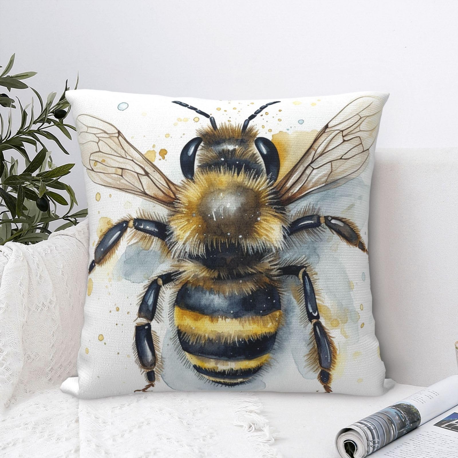 FodPand Luxury Velvet Throw Pillow Covers 24"x24" Super Soft Decorative Pillow Cases - Watercolor Bee Pillowcases Modern Lumbar Cushion Cases for Couch Sofa Bed Pillow Shams
