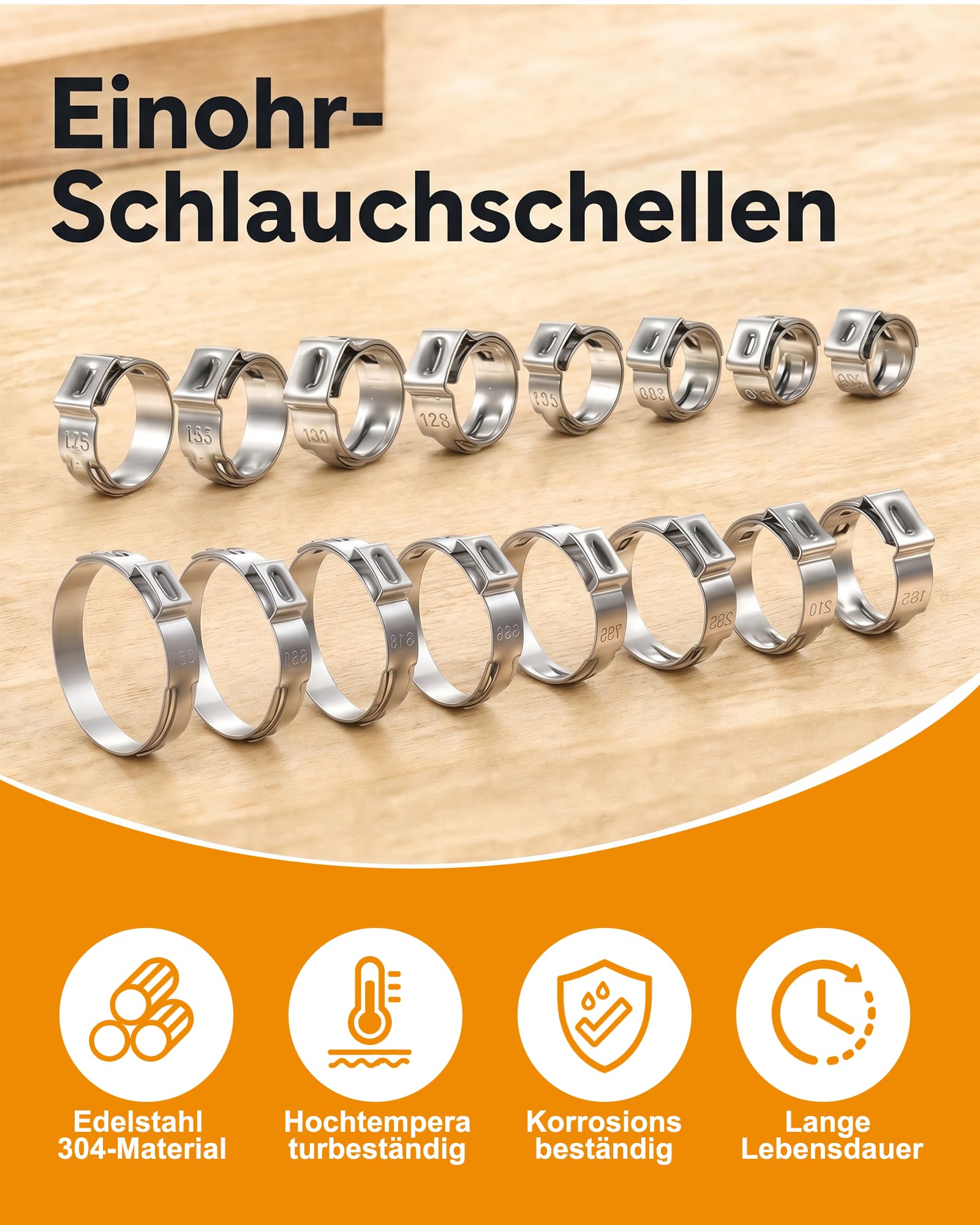160PCS Schlauchschellen Set Edelstahl 304 mit Schlauchklemmenzange, 14 Größen (5,3-33,1mm) Einohr Schlauchklemmen Sortiment für Auto, Haushalt & Sanitär – Rostfrei & Auslaufsicher