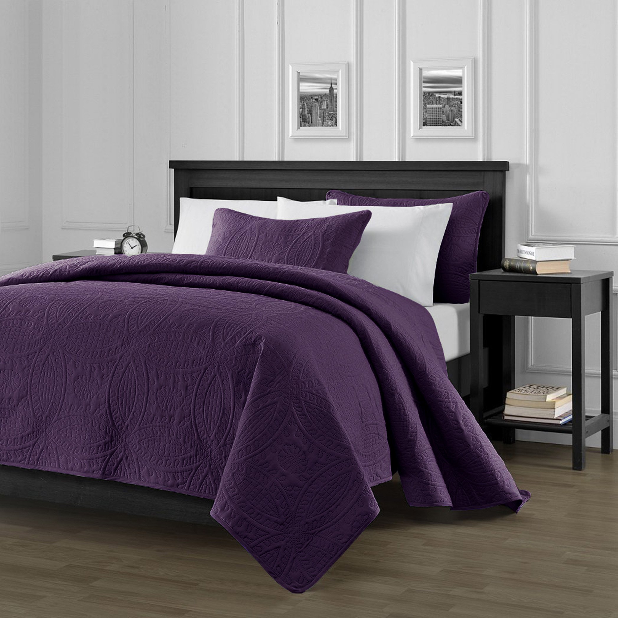 Chezmoi Collection Austin 3-Piece Oversized Bedspread Coverlet Set (Queen, Purple)