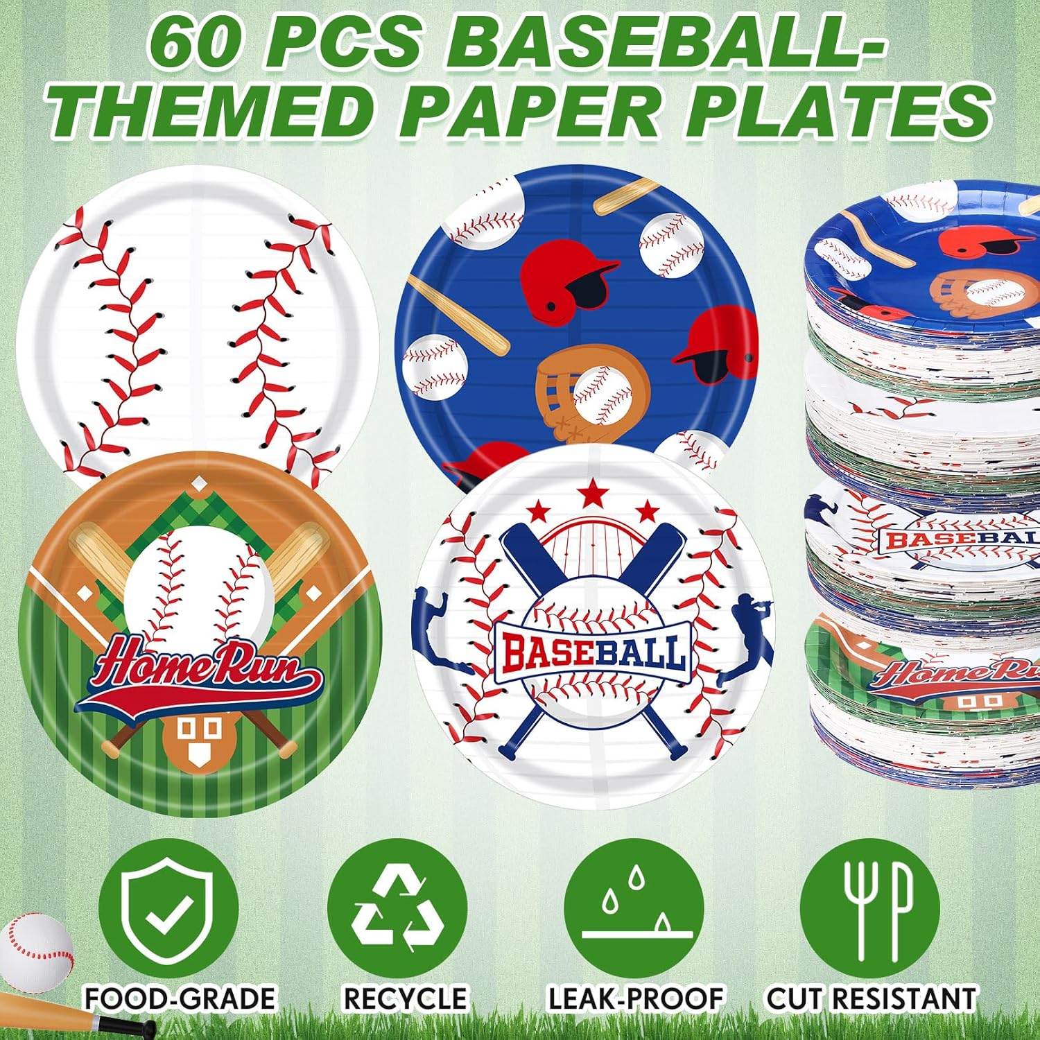 60 Pcs Baseball Paper Plates Party Supplies 9 Inch Baseball Themed Birthday Party Decorations Disposable Plates for Adults Game Day Birthday Favors