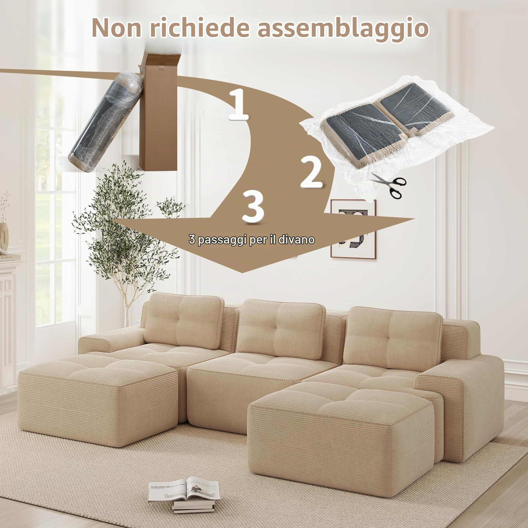 Divano modulare angolare a U,divano componibile Boneless 3 posti con 2 poggiapiedi,divano a compressione senza montaggio,divano con seduta profonda,divani Componibili 5 posti,velluto a coste,Beige
