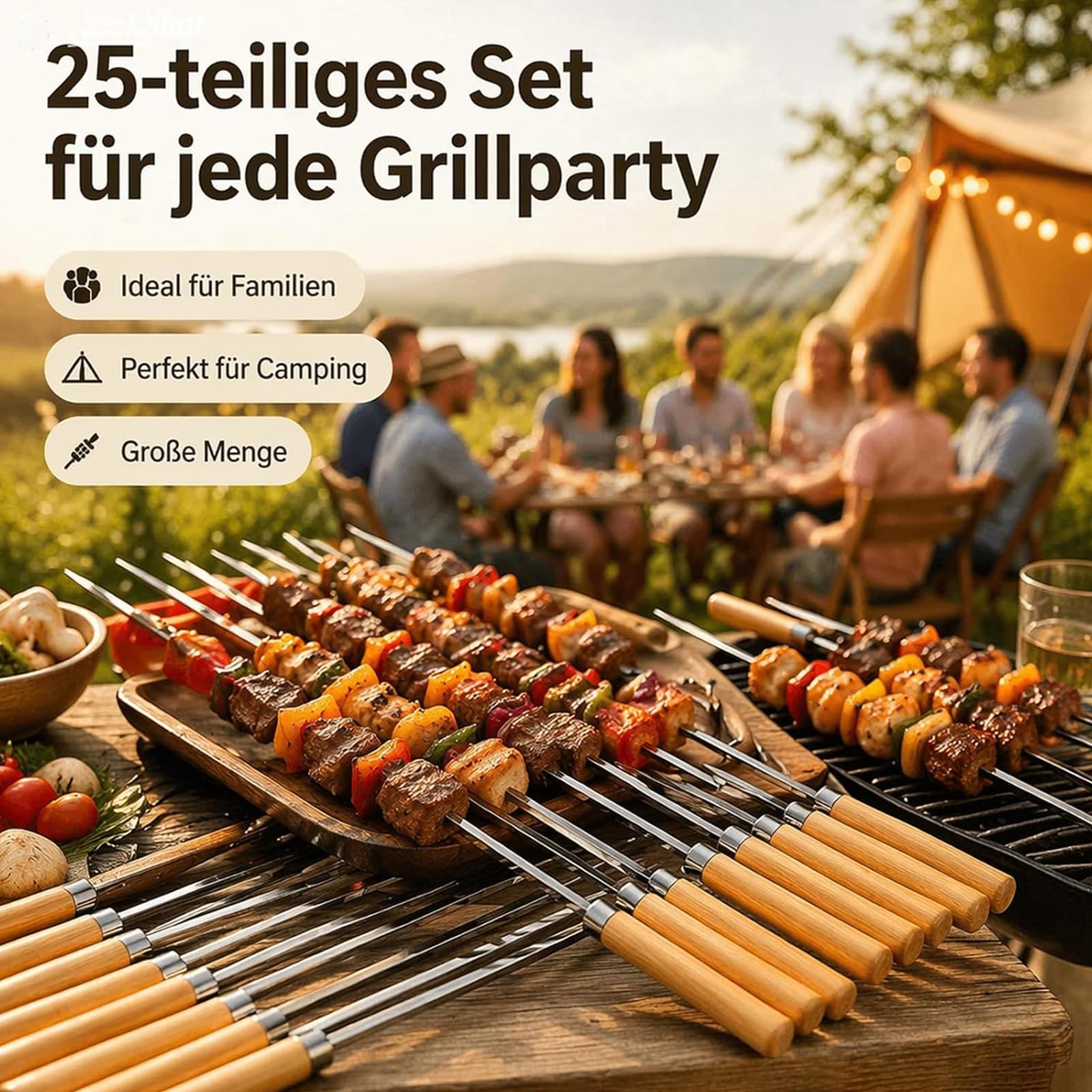 25 spiedini per barbecue in acciaio inox 304 con manico in legno, 35 cm di lunghezza, riutilizzabili, per carne, verdure, barbecue, feste, campeggio (argento 1)