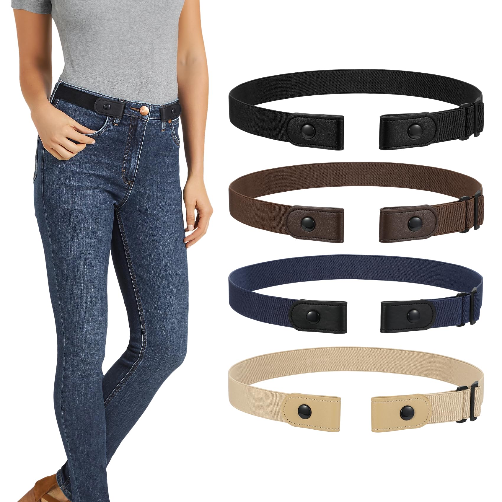 WERFORU 4 Pack No Buckle Invisible Stretch Belt Buckle-Free Elastic Belt for Women and Men Metal Free No