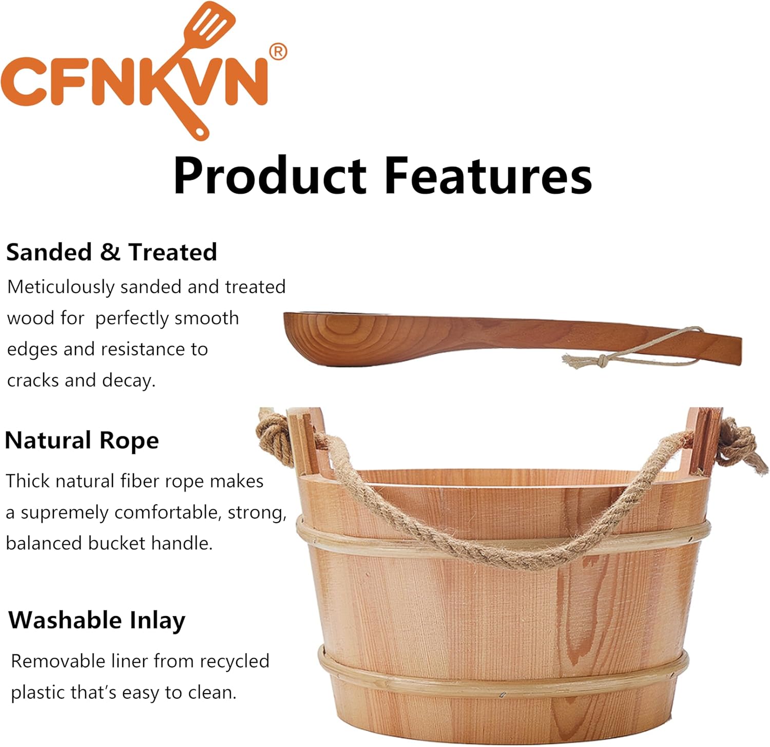 Sauna Bucket and Ladle Set - Handmade from Finnish Pine Wood with Natural Rope Handle, 1 Gallon (4L) Capacity, Traditional Wooden Sauna Accessories for Steam Room & Home Spa