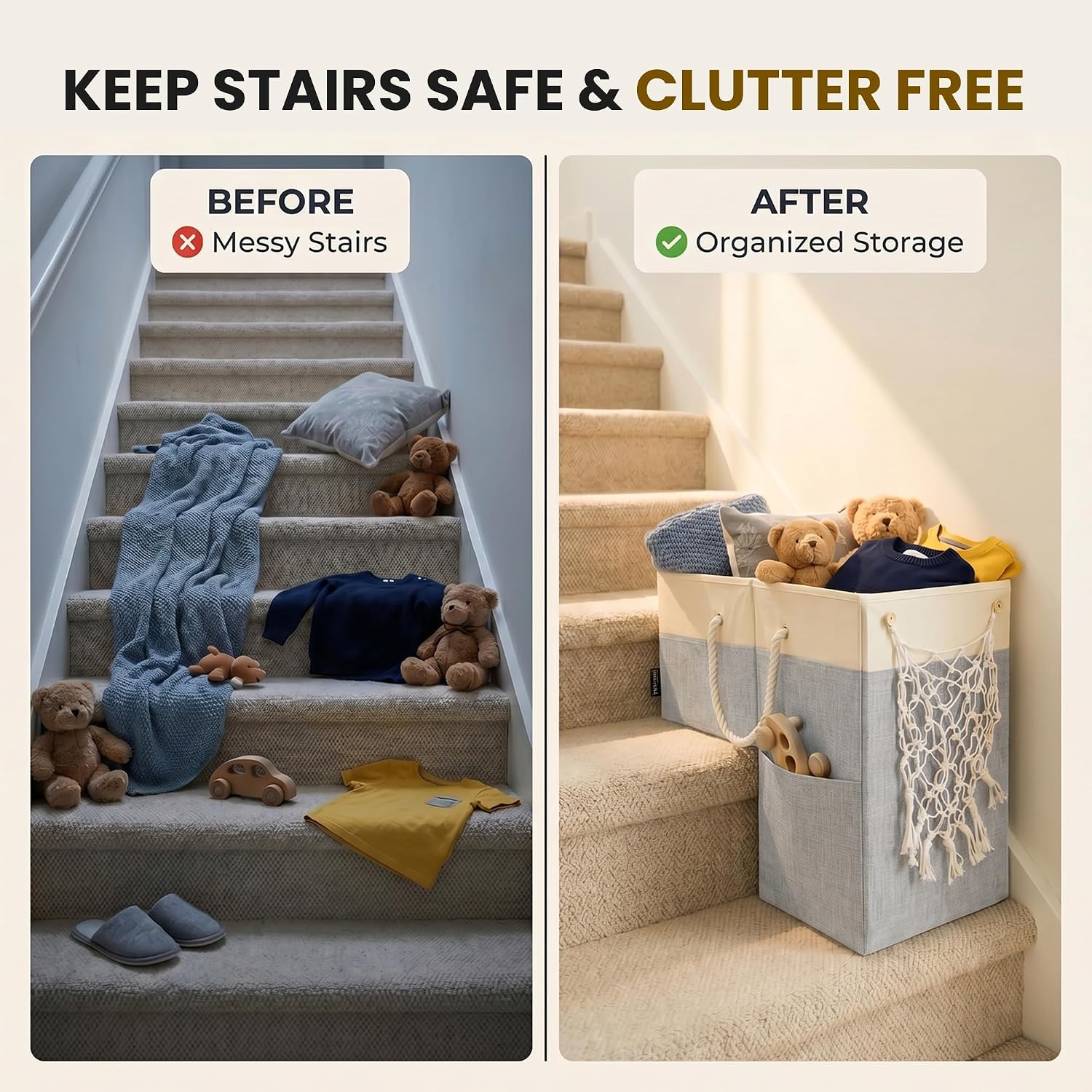 Stair Basket with Hammock for Carpeted & Wooden Stairs – Staircase Basket Organizer for Laundry, Toys, Books, Blankets & Household Storage - Large Stairstep Basket Bin with Cotton Handle