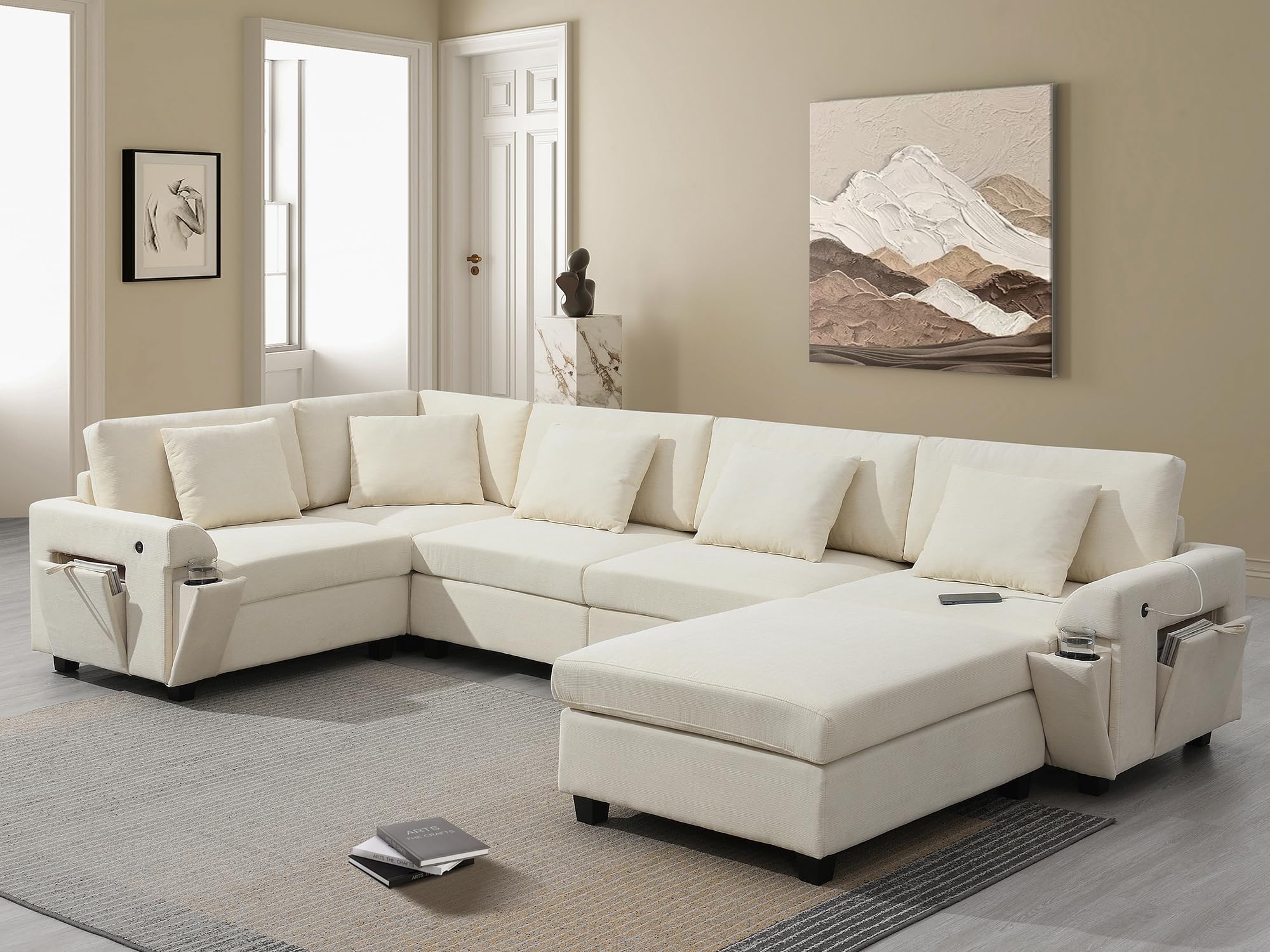 7 Seater Oversized Sectional Sofa Convertible L / U Shaped Couch for Living Room, Chenille Upholstery Reversible Sofa&Couches with Movable Ottoman ,