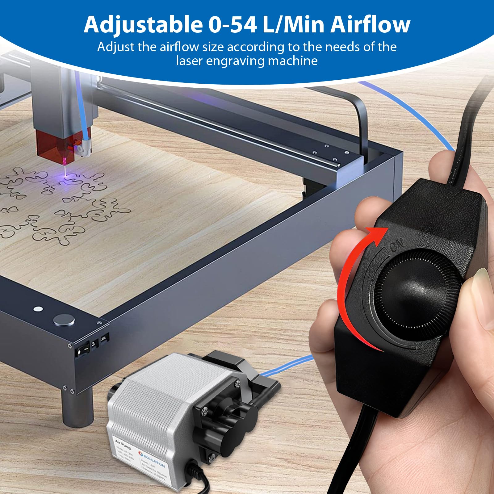 LIROPAU Air Assist, laserowa maszyna do grawerowania, regulowany przepływ powietrza 0-54 l/min do cięcia laserowego i grawerowania laserowego, 25 W, akcesoria do grawerowania laserowego, niski poziom