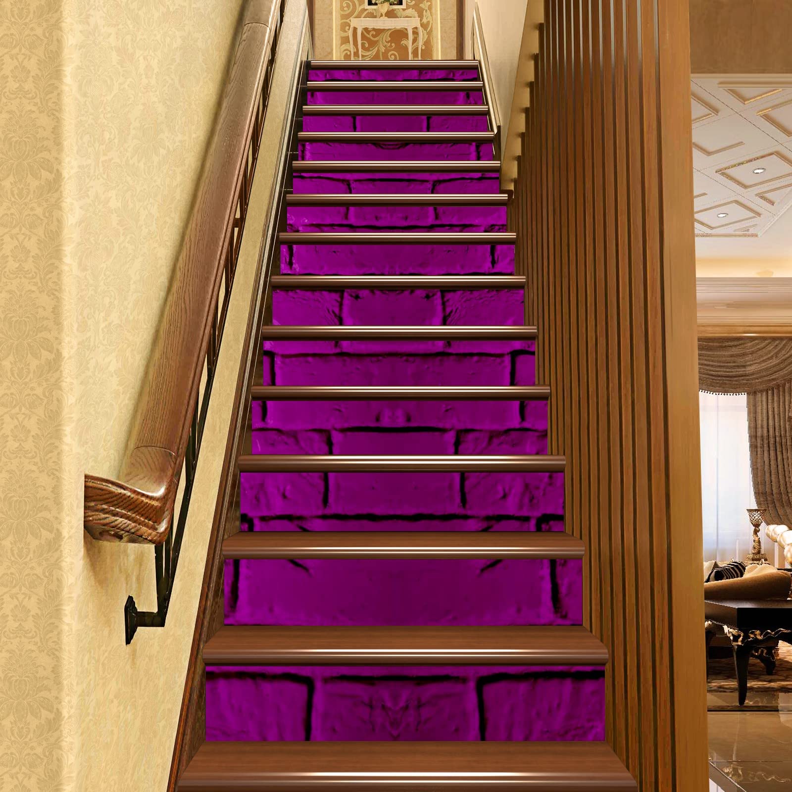 Rosy Wall Bricks Pattern 3D Stair Stickers Self-Adhesive Stair Riser Decals Vinyl Removable Staircase Stickers Wallpaper - 39.4Inch x7.1Inch 13pcs