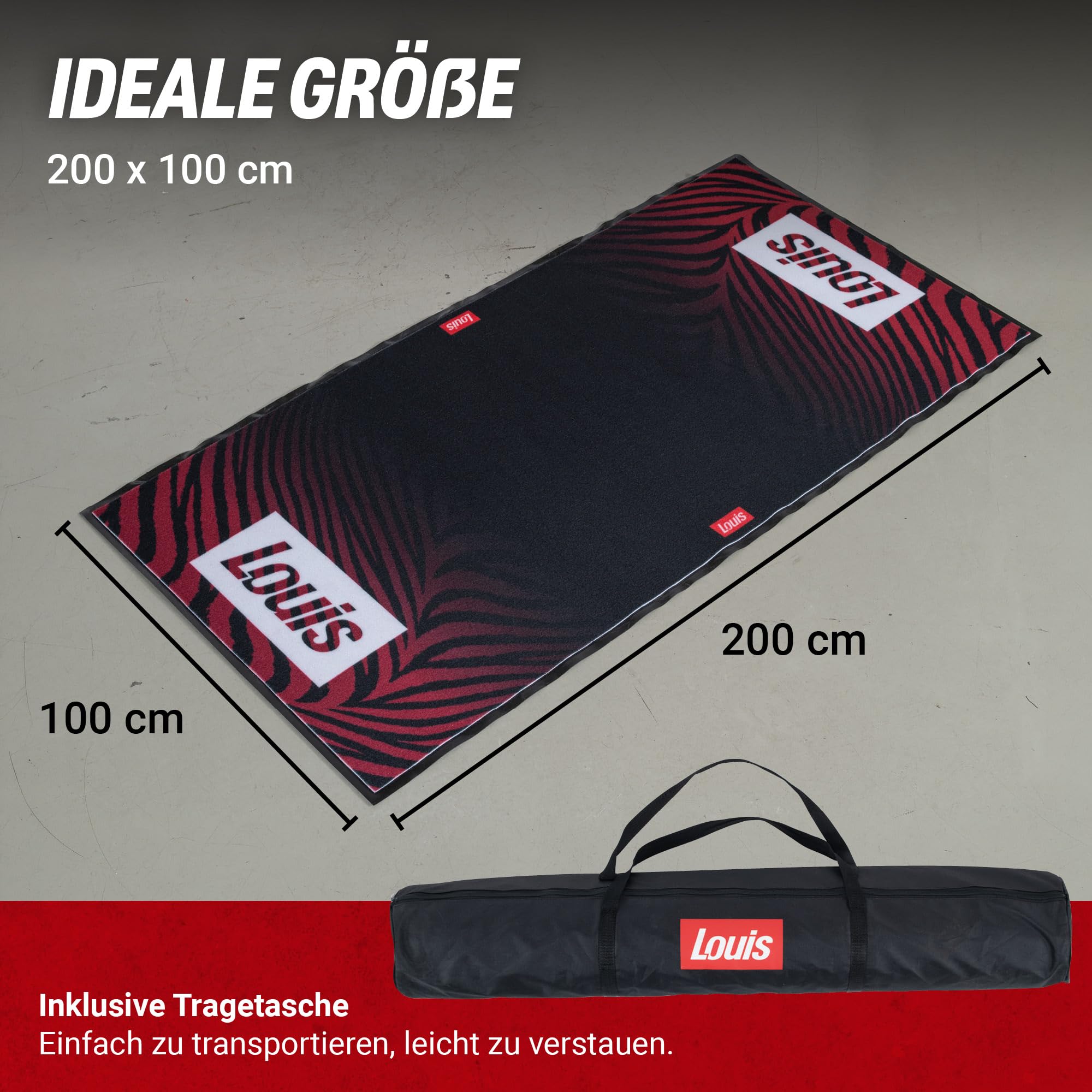 Louis Motorradmatte 100 x 200 cm mit Tasche, Umweltmatte für Motorräder, Garagenmatte für Werkstatt und Fahrerlager, Motorradteppich, Öl- und kraftstoffbeständig, FIM-konform
